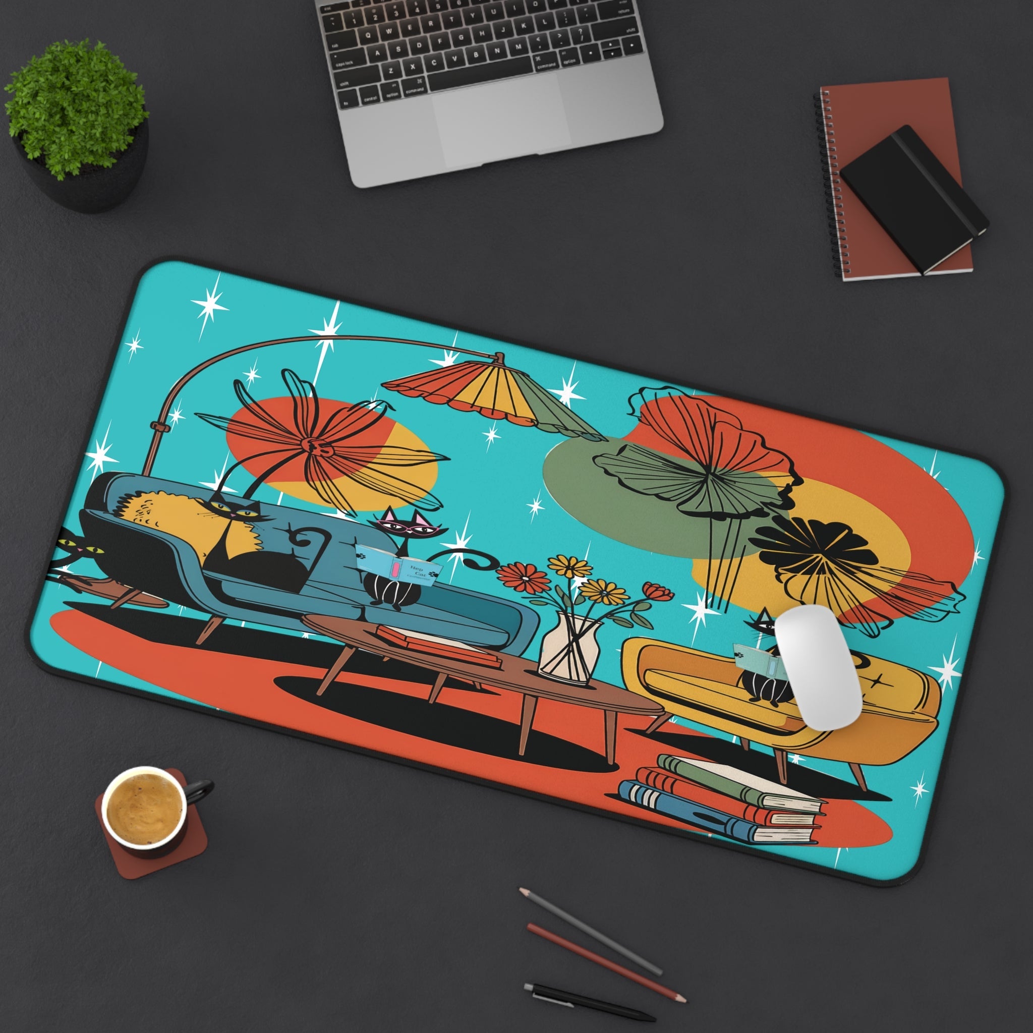 Kate McEnroe New York Retro Lounge Desk Pad, Mid Century Modern Office Mat, Atomic Cat Book Scene Workspace AccessoryDesk Mats23312152451708891178