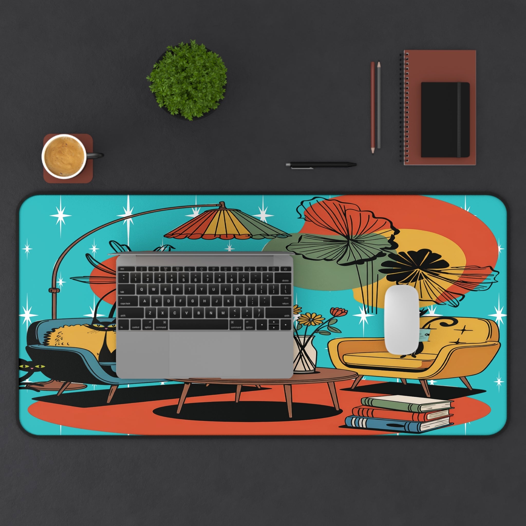 Kate McEnroe New York Retro Lounge Desk Pad, Mid Century Modern Office Mat, Atomic Cat Book Scene Workspace AccessoryDesk Mats23312152451708891178