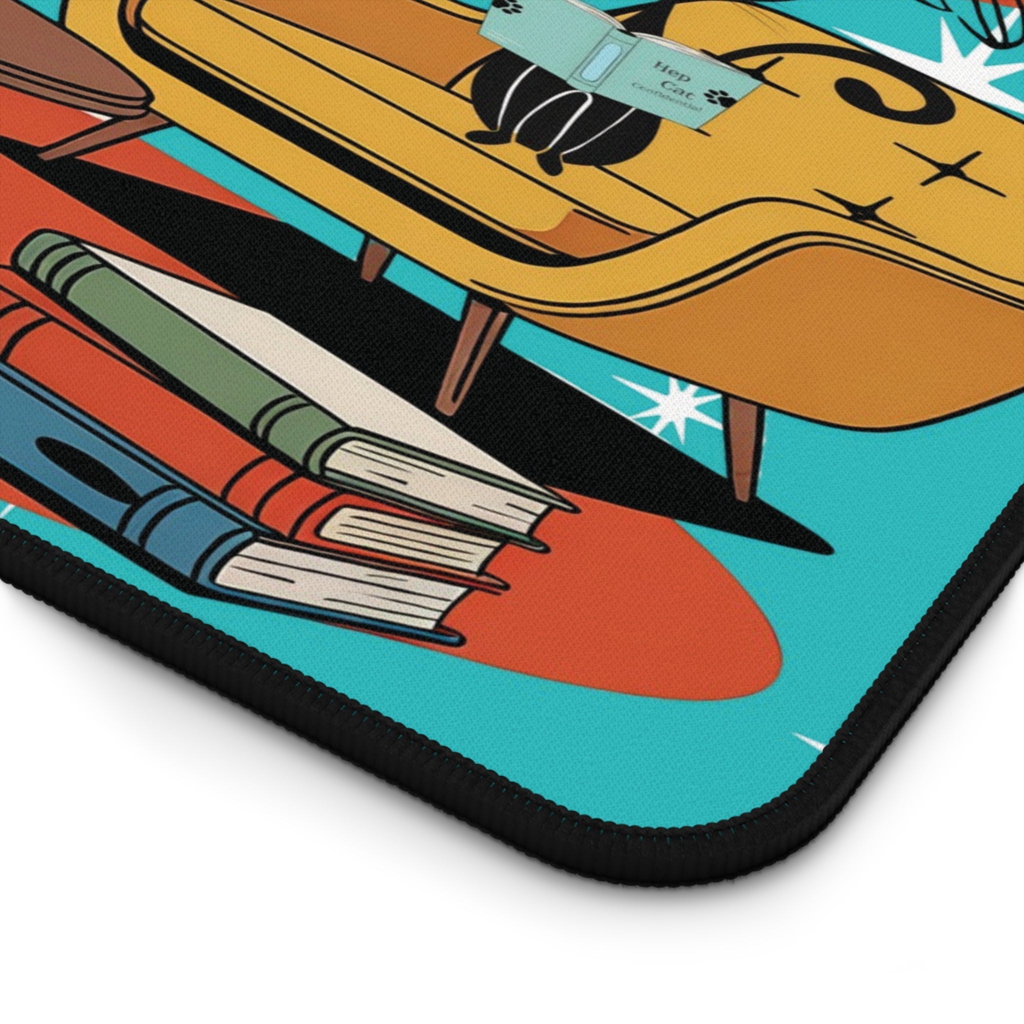 Kate McEnroe New York Retro Lounge Desk Pad, Mid Century Modern Office Mat, Atomic Cat Book Scene Workspace AccessoryDesk Mats23312152451708891178