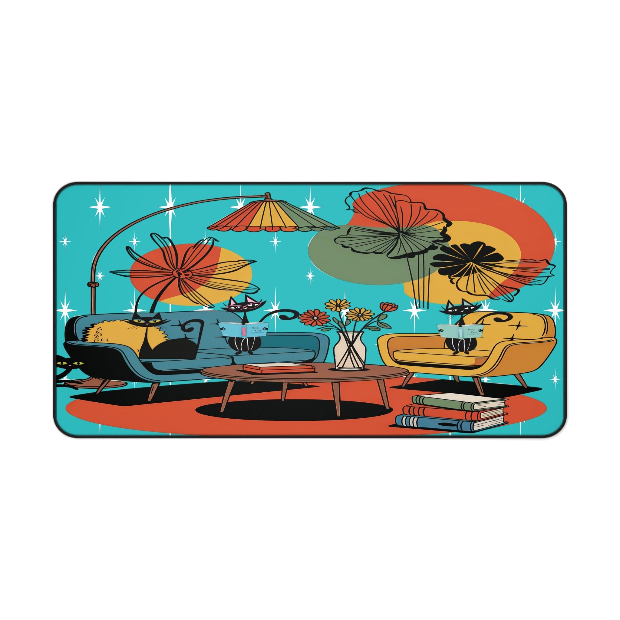 Kate McEnroe New York Retro Lounge Desk Pad, Mid Century Modern Office Mat, Atomic Cat Book Scene Workspace AccessoryDesk Mats23312152451708891178