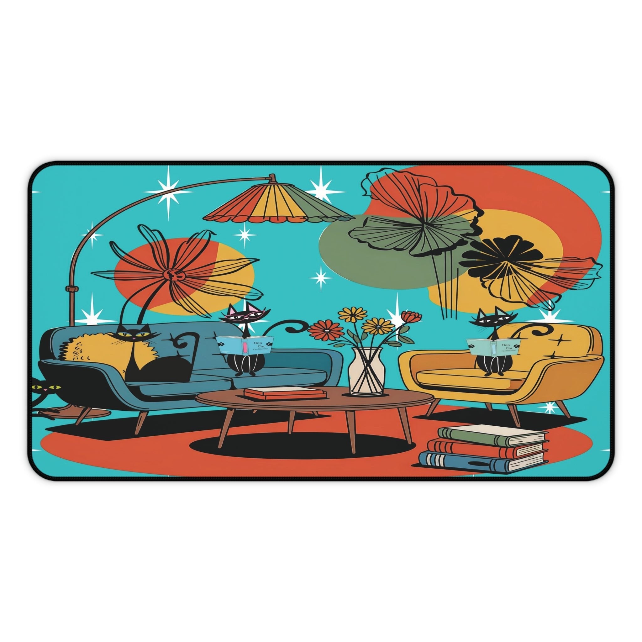 Kate McEnroe New York Retro Lounge Desk Pad, Mid Century Modern Office Mat, Atomic Cat Book Scene Workspace AccessoryDesk Mats23312152451708891178