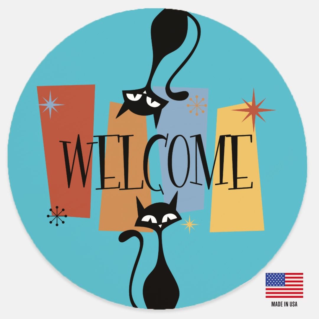 Kate McEnroe New York Retro MCM Atomic Cat Welcome Sign, Mid Century Modern Starburst Wood Door Hanger 12" (Round)Door HangersPMH58 - 12.2460891