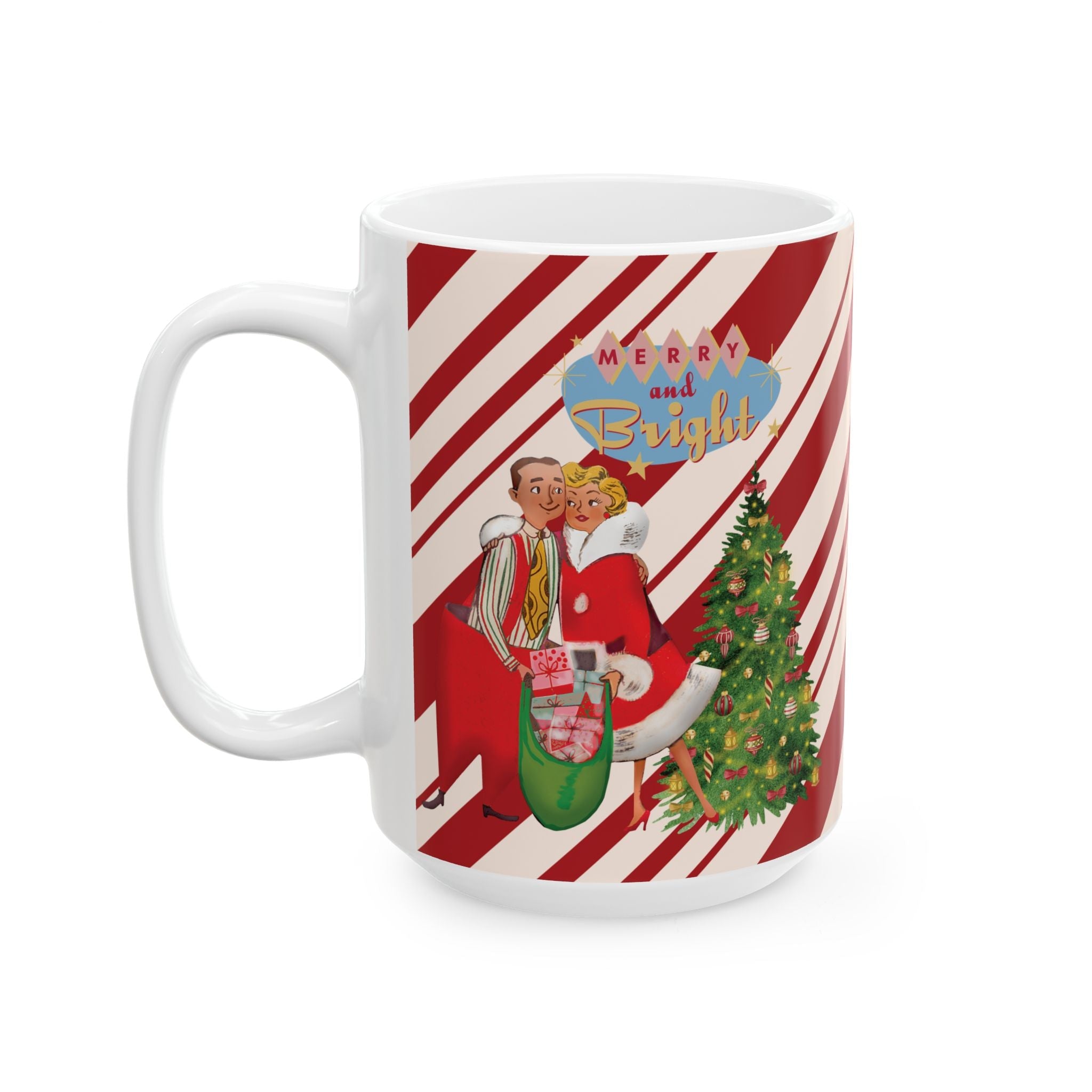 Kate McEnroe New York Retro Merry & Bright Holiday Mug, Mid Mod Festive Couple, 50s Candy Cane Stripes, Vintage Christmas Drinkware, Kitsch Holiday Coffee CupMugs68736342210517348946