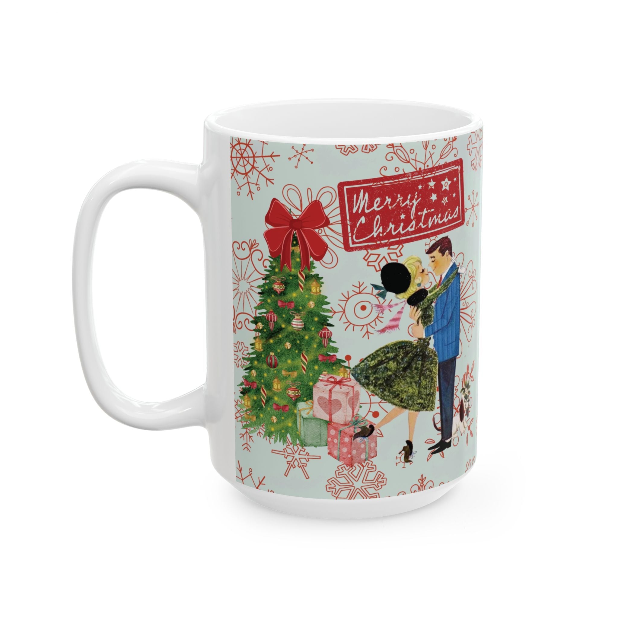 Kate McEnroe New York Retro Merry Christmas Mug, Mid Century Modern 50s Holiday Coffee Cup, Vintage Christmas Card Art DrinkwareMugs13973597569384573640