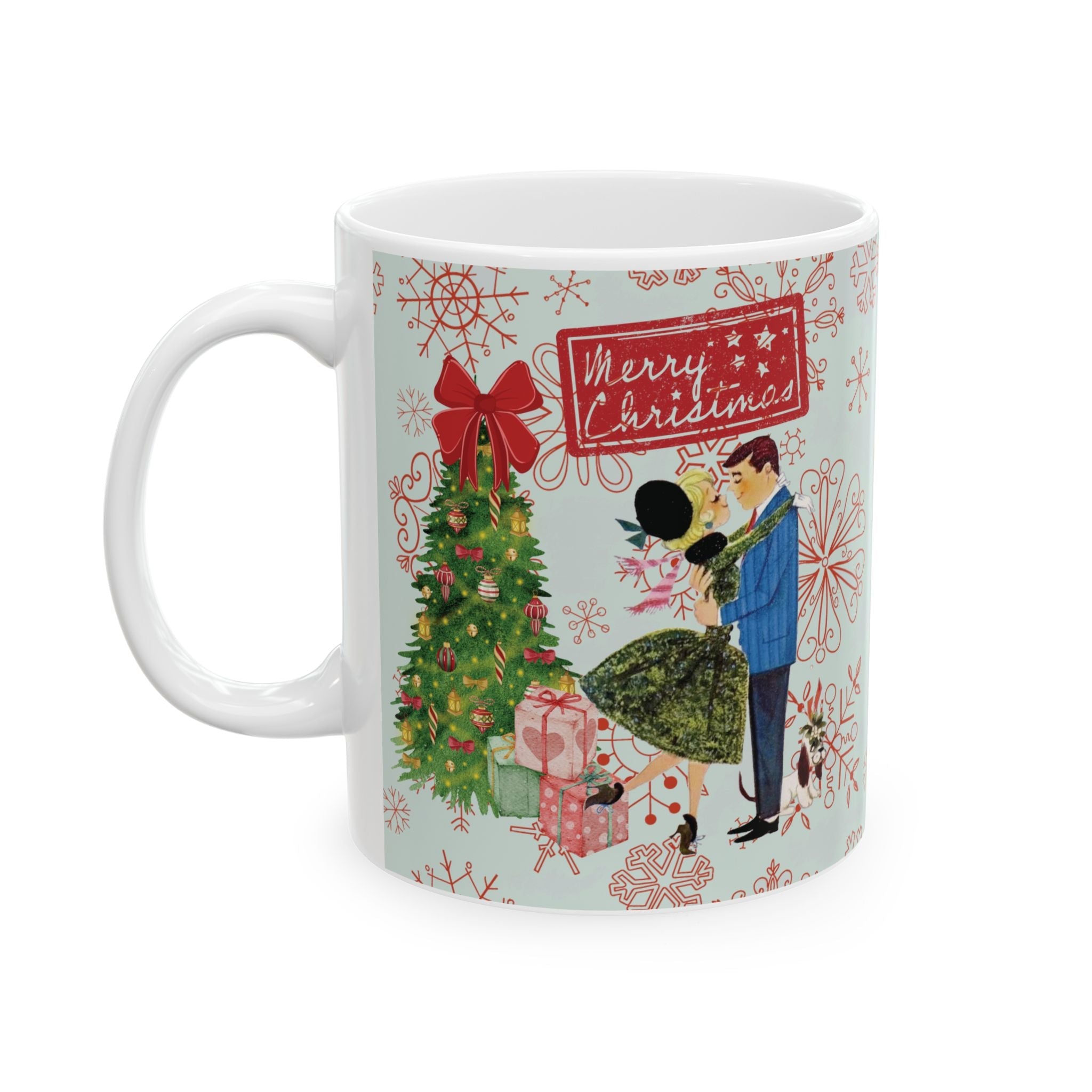 Kate McEnroe New York Retro Merry Christmas Mug, Mid Century Modern 50s Holiday Coffee Cup, Vintage Christmas Card Art DrinkwareMugs13973597569384573640