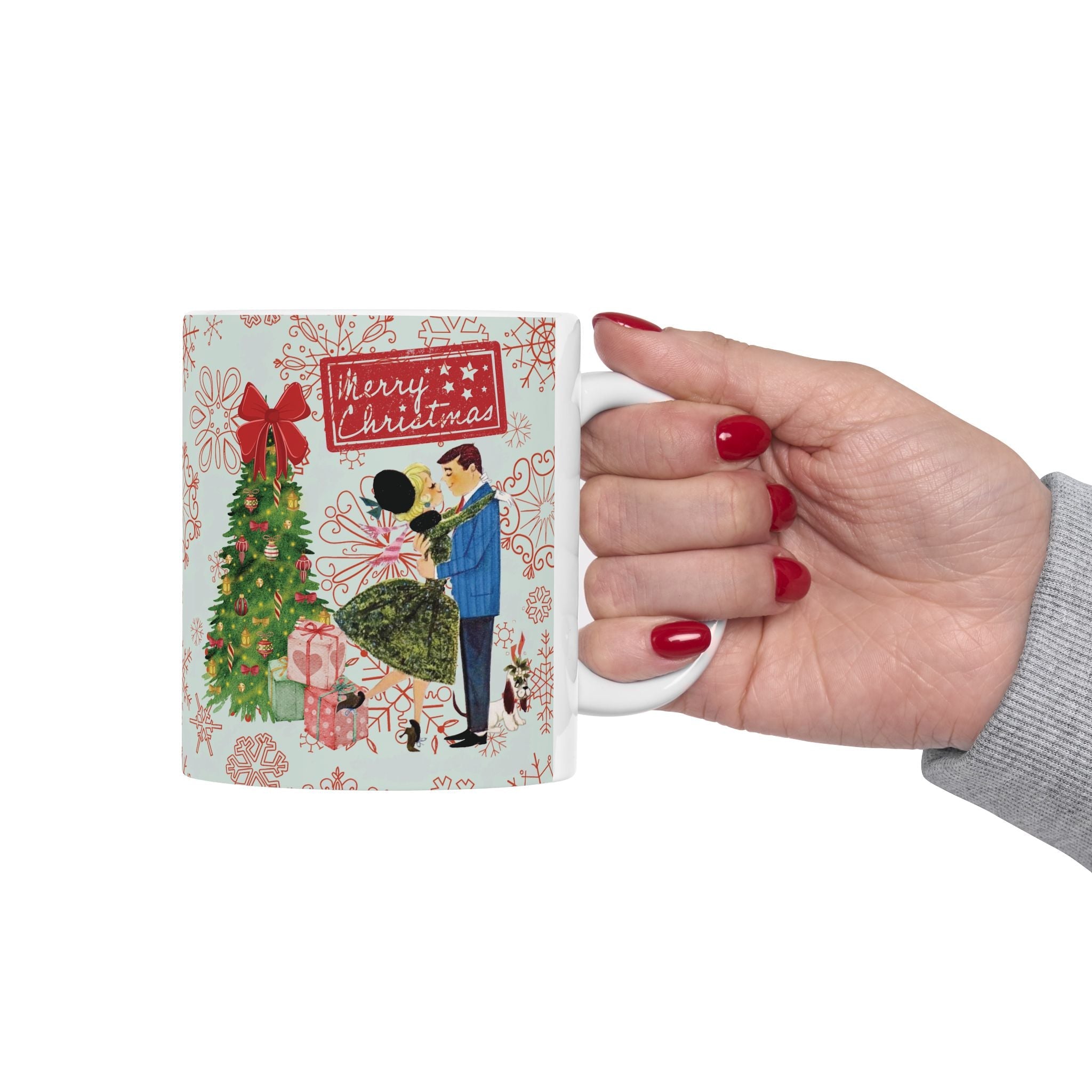 Kate McEnroe New York Retro Merry Christmas Mug, Mid Century Modern 50s Holiday Coffee Cup, Vintage Christmas Card Art DrinkwareMugs27883523731405554210