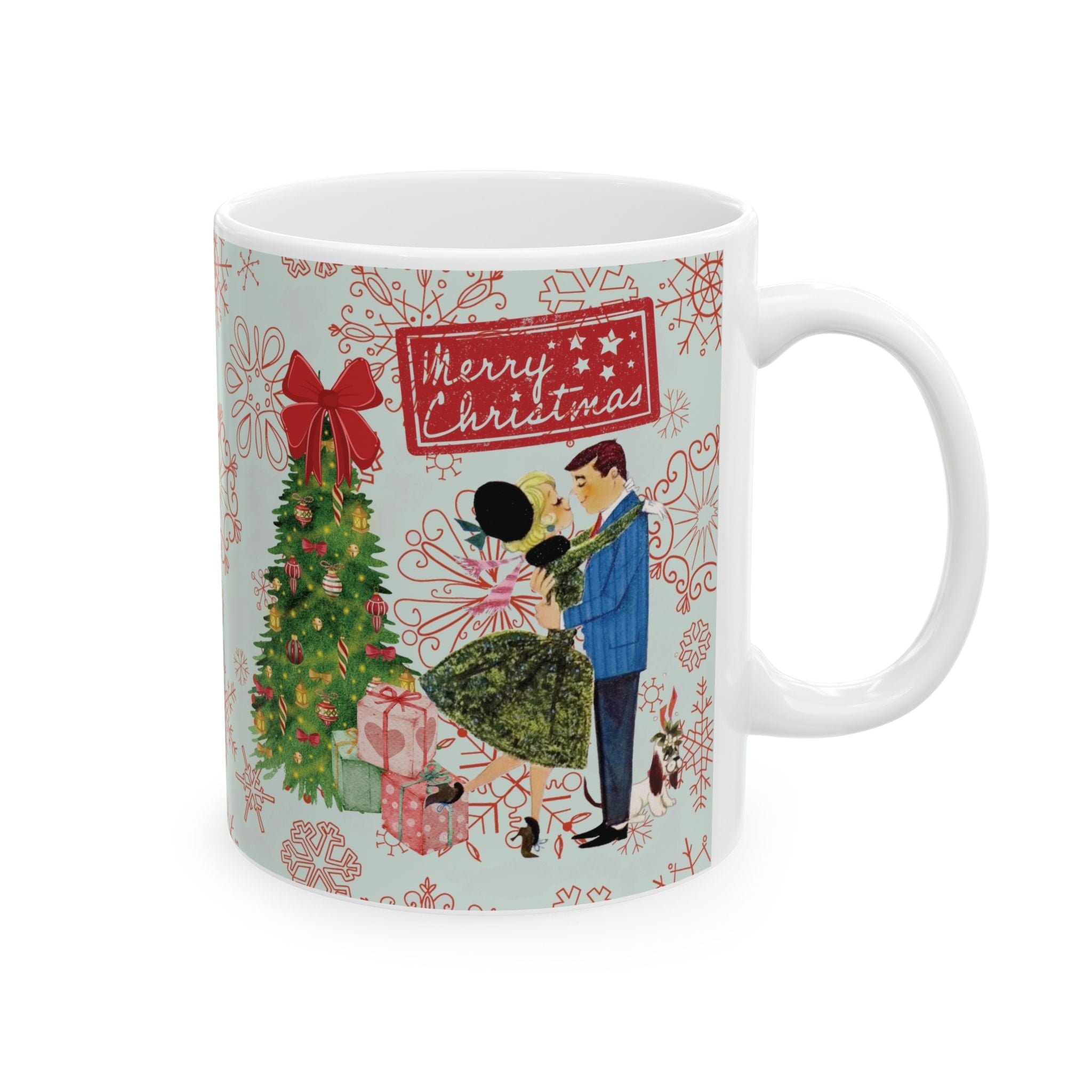 Kate McEnroe New York Retro Merry Christmas Mug, Mid Century Modern 50s Holiday Coffee Cup, Vintage Christmas Card Art DrinkwareMugs27883523731405554210