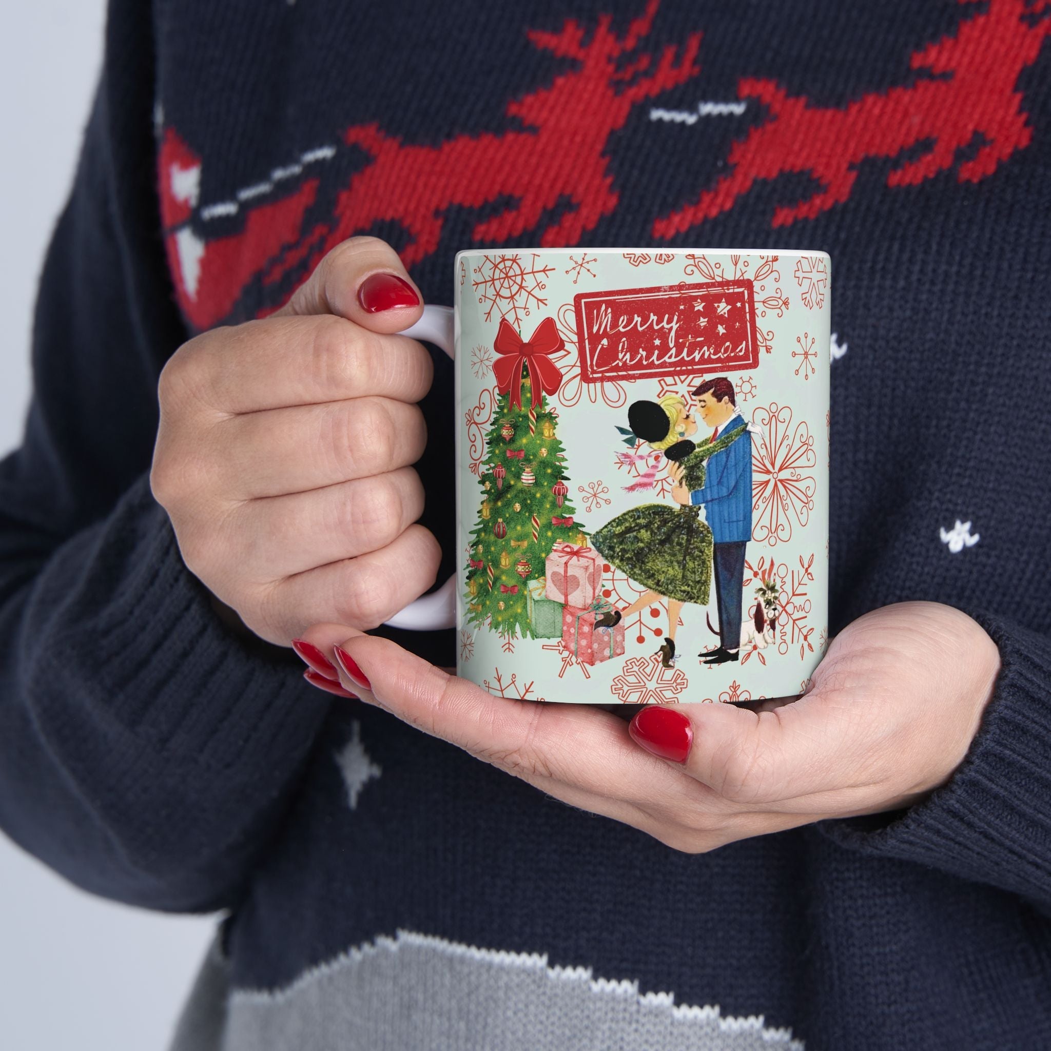 Kate McEnroe New York Retro Merry Christmas Mug, Mid Century Modern 50s Holiday Coffee Cup, Vintage Christmas Card Art DrinkwareMugs27883523731405554210