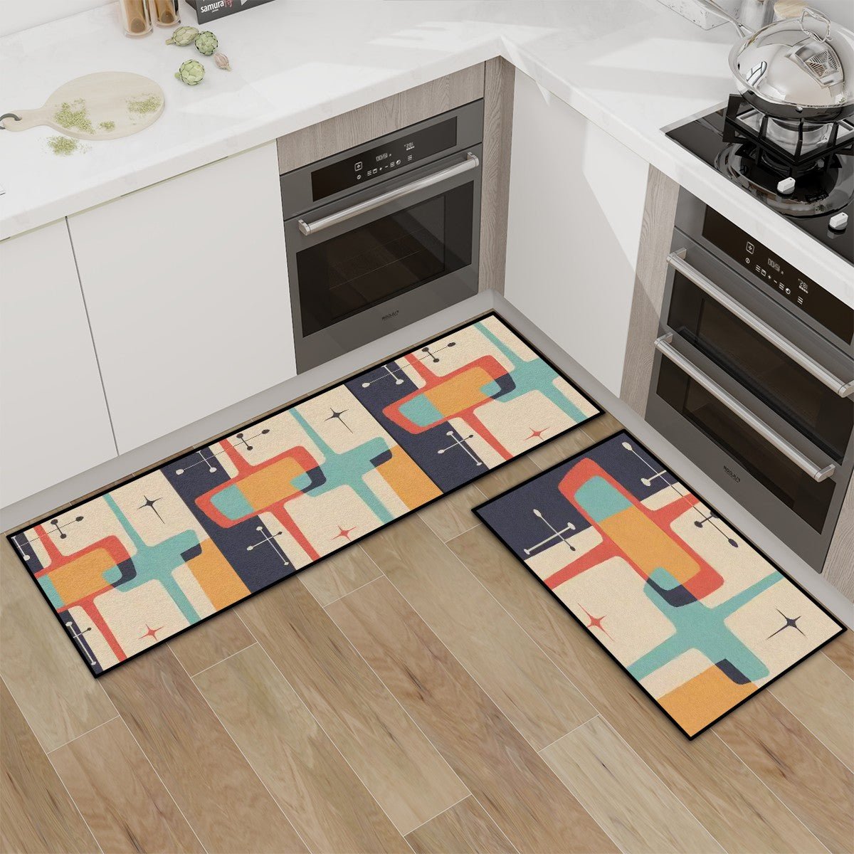 Kate McEnroe New York Retro Mid Century Modern 2 - Piece Kitchen Rug Set, 50s Geometric Atomic Design Floor MatsKitchen Floor Matsiwur40k1gN