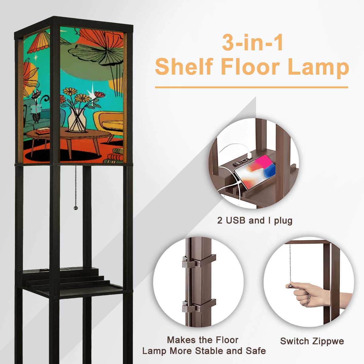 Kate McEnroe New York Retro Mid Century Modern Floor Lamp Shelf, Atomic Cat Lounge Book Scene, Starburst Floral Light TowerShelf LightinghbencAkwha