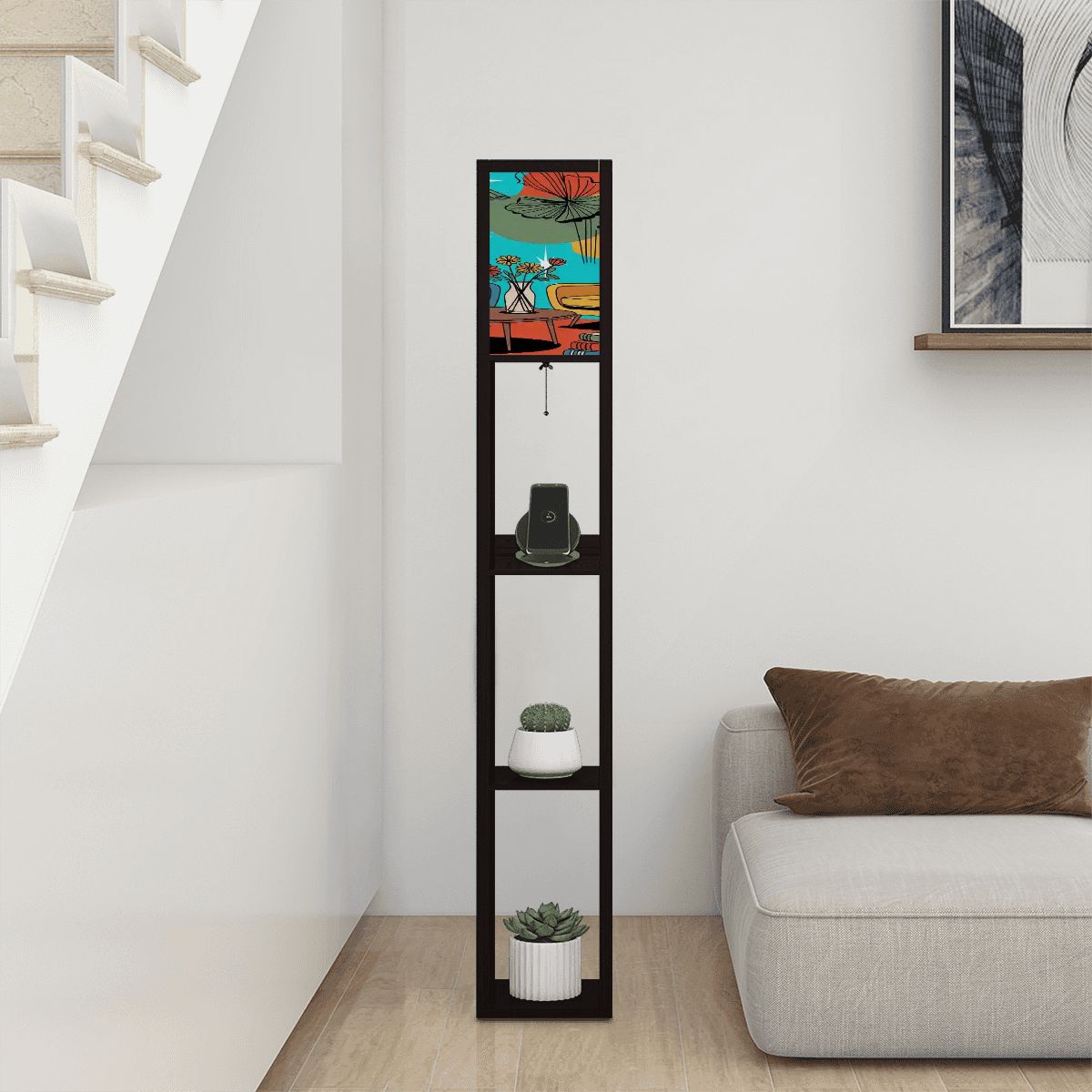 Kate McEnroe New York Retro Mid Century Modern Floor Lamp Shelf, Atomic Cat Lounge Book Scene, Starburst Floral Light TowerShelf LightinghbencAkwha