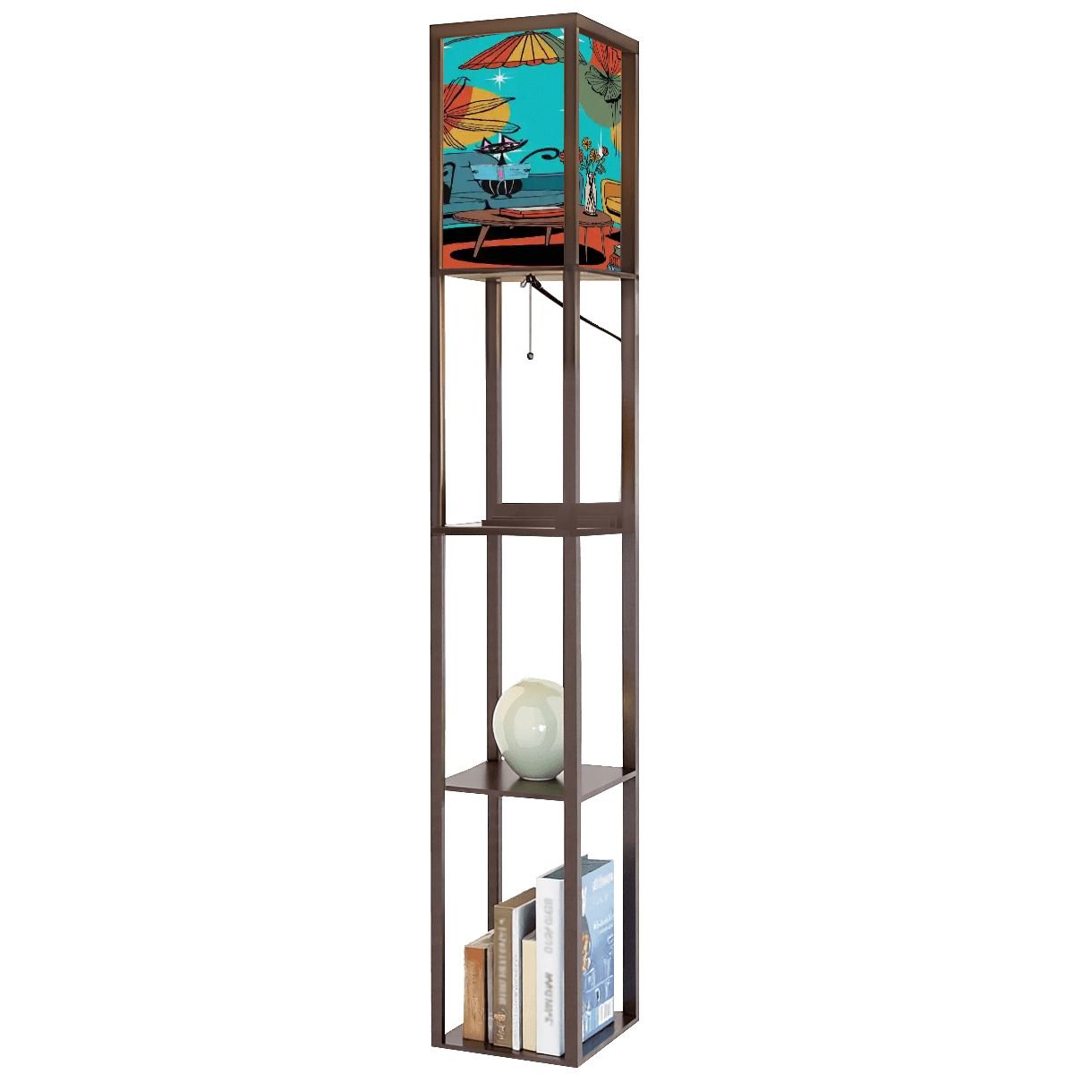 Kate McEnroe New York Retro Mid Century Modern Floor Lamp Shelf, Atomic Cat Lounge Book Scene, Starburst Floral Light TowerShelf LightinghbencAkwha