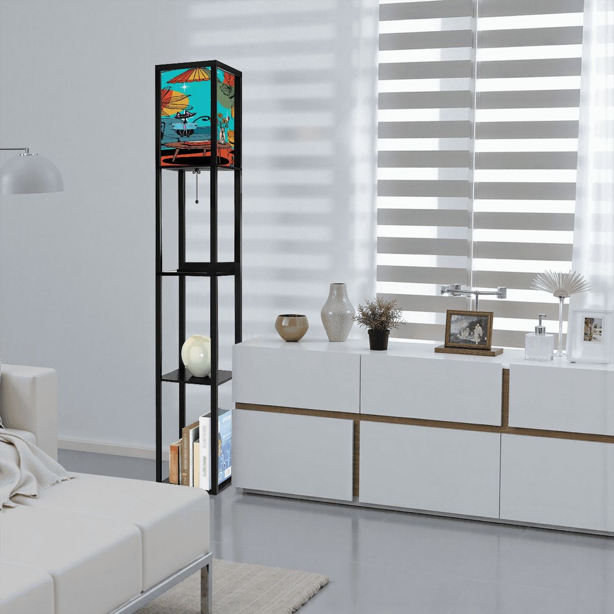 Kate McEnroe New York Retro Mid Century Modern Floor Lamp Shelf, Atomic Cat Lounge Book Scene, Starburst Floral Light TowerShelf LightinghbencAkwha