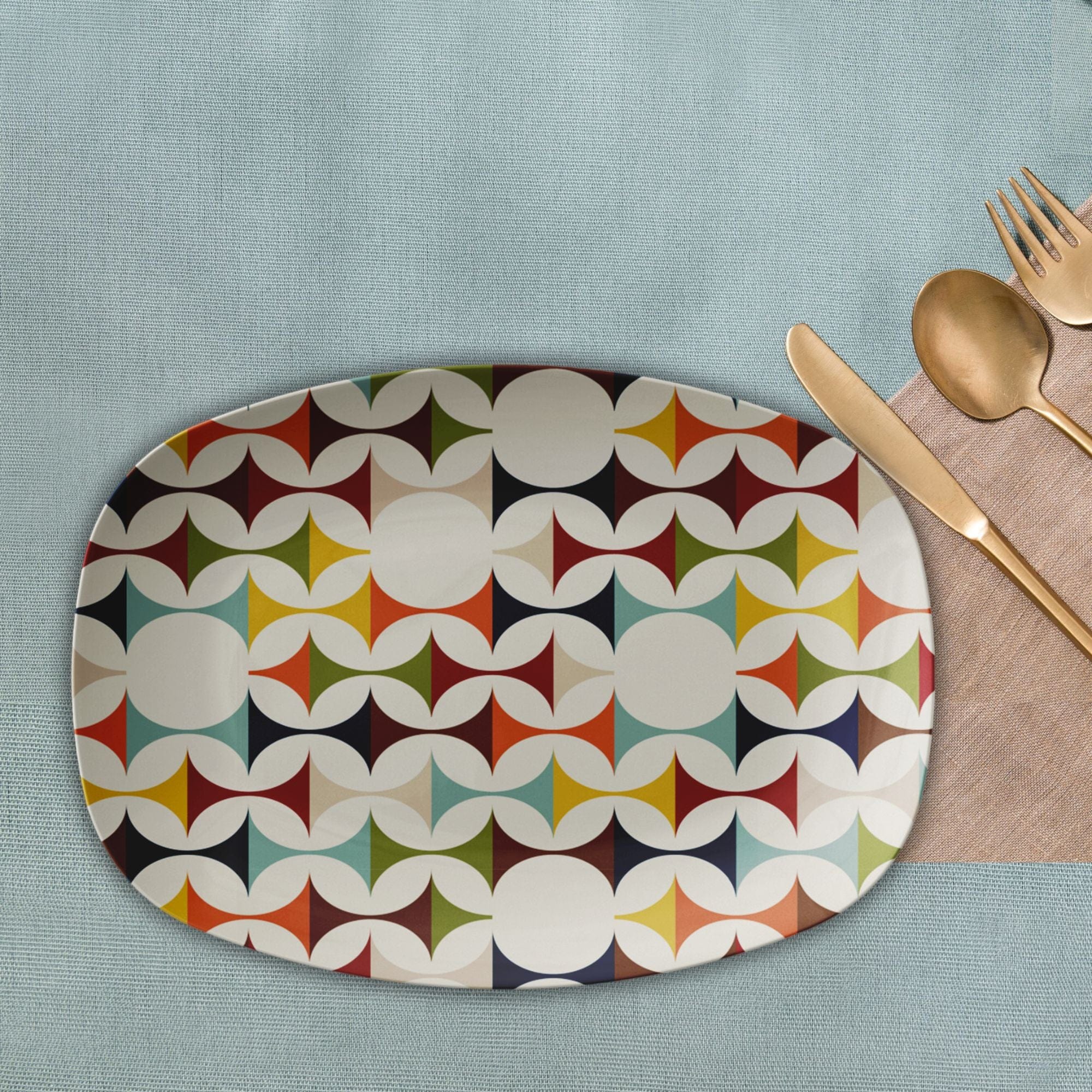 Kate McEnroe New York Retro Mid Century Modern Geometric Serving Platter in Cream, Teal, Mustard, and RustServing Platters9727