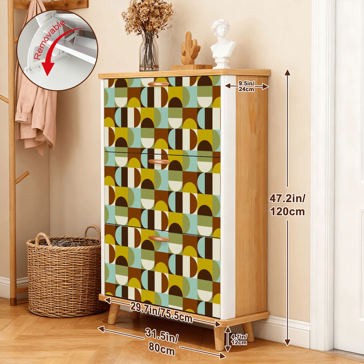Kate McEnroe New York Retro Mid Century Modern Geometric Shoe Cabinet, MCM Entryway Storage Organizer, 70s Style Mudroom UnitShoe StorageUuOBihflAJ