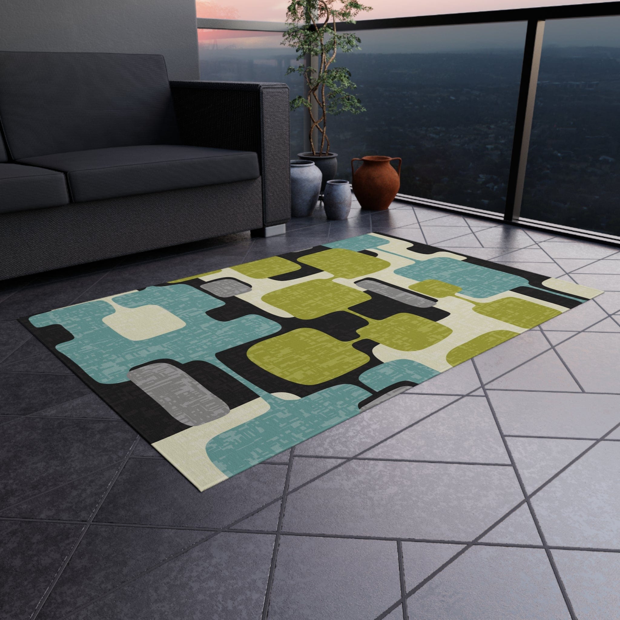 Kate McEnroe New York Retro Mid Century Modern Indoor - Outdoor Area Rug, MCM Teal, Lime Green, Gray, Cream Geometric Abstract Porch Patio Accent Rug Rugs