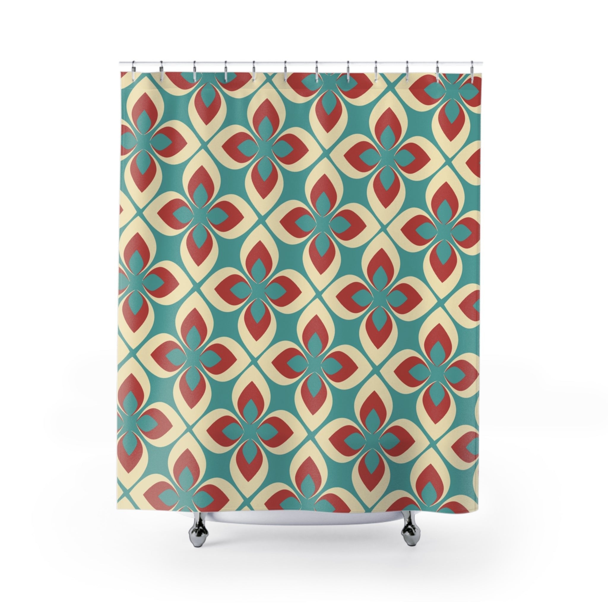 Kate McEnroe New York Retro Mid Century Modern Mod Floral Shower Curtain, 50s Teal Red Cream Bath DecorShower Curtains13441298730232591263