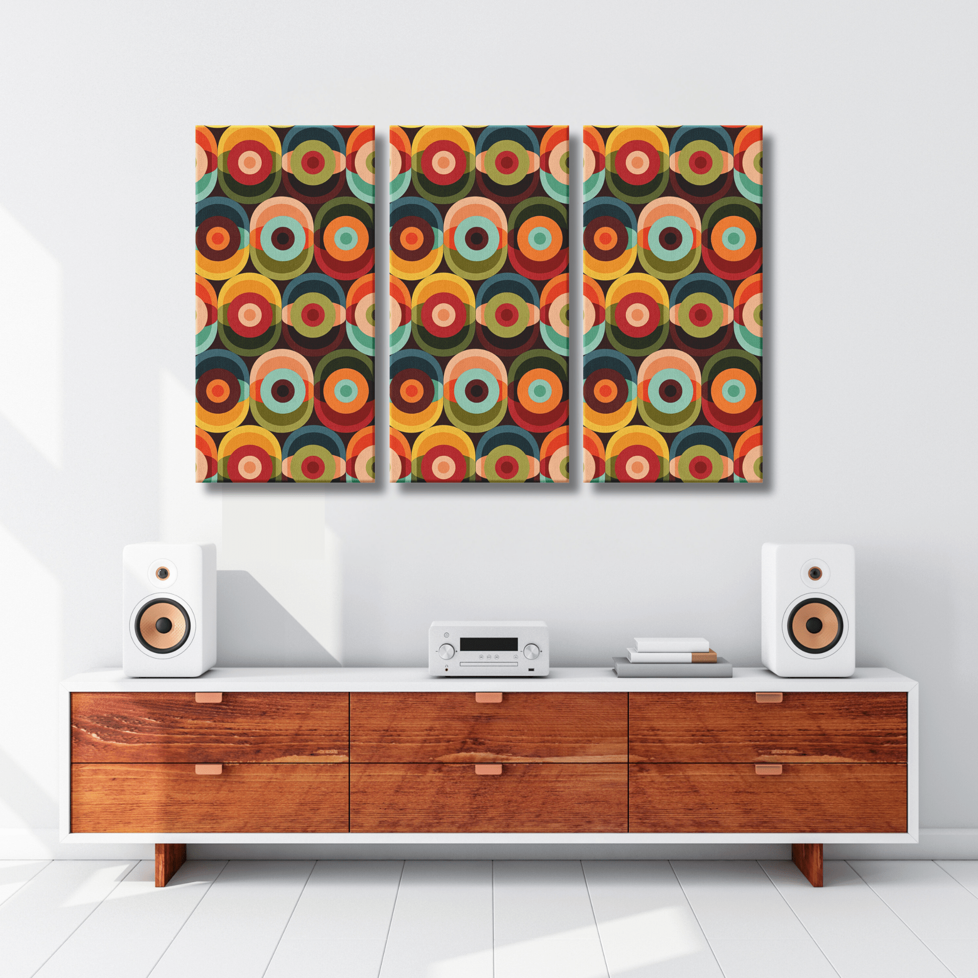 Kate McEnroe New York Retro Mid Century Modern Psychedelic Canvas Wall Art, Bold 70s Geometric Orbs, Groovy Abstract 3 - Piece Set Vintage DecorCanvas Wall Art12x24x3