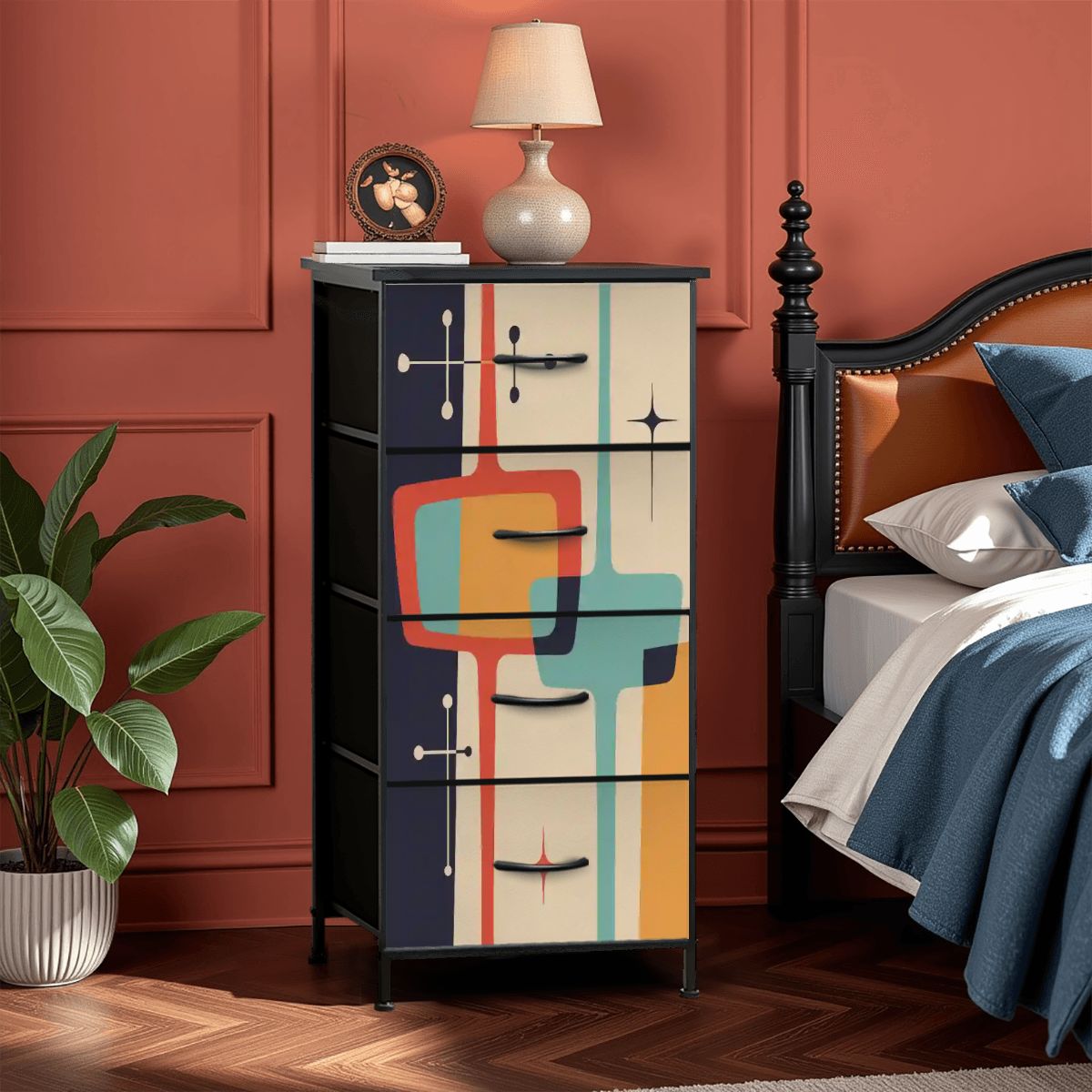 Retro Mid Century Modern Tall Drawer Chest, Atomic Starburst Storage Cabinet, Geometric Mcm Accent Dresser