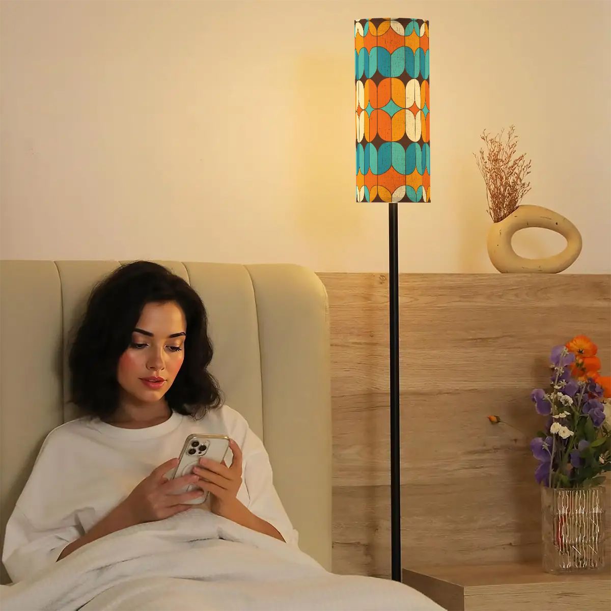 Kate McEnroe New York Retro Mid Century Modern Tall Floor Lamp, Geometric Mod Accent Lighting Orange Blue YellowFloor LampscKg43y6Gt4