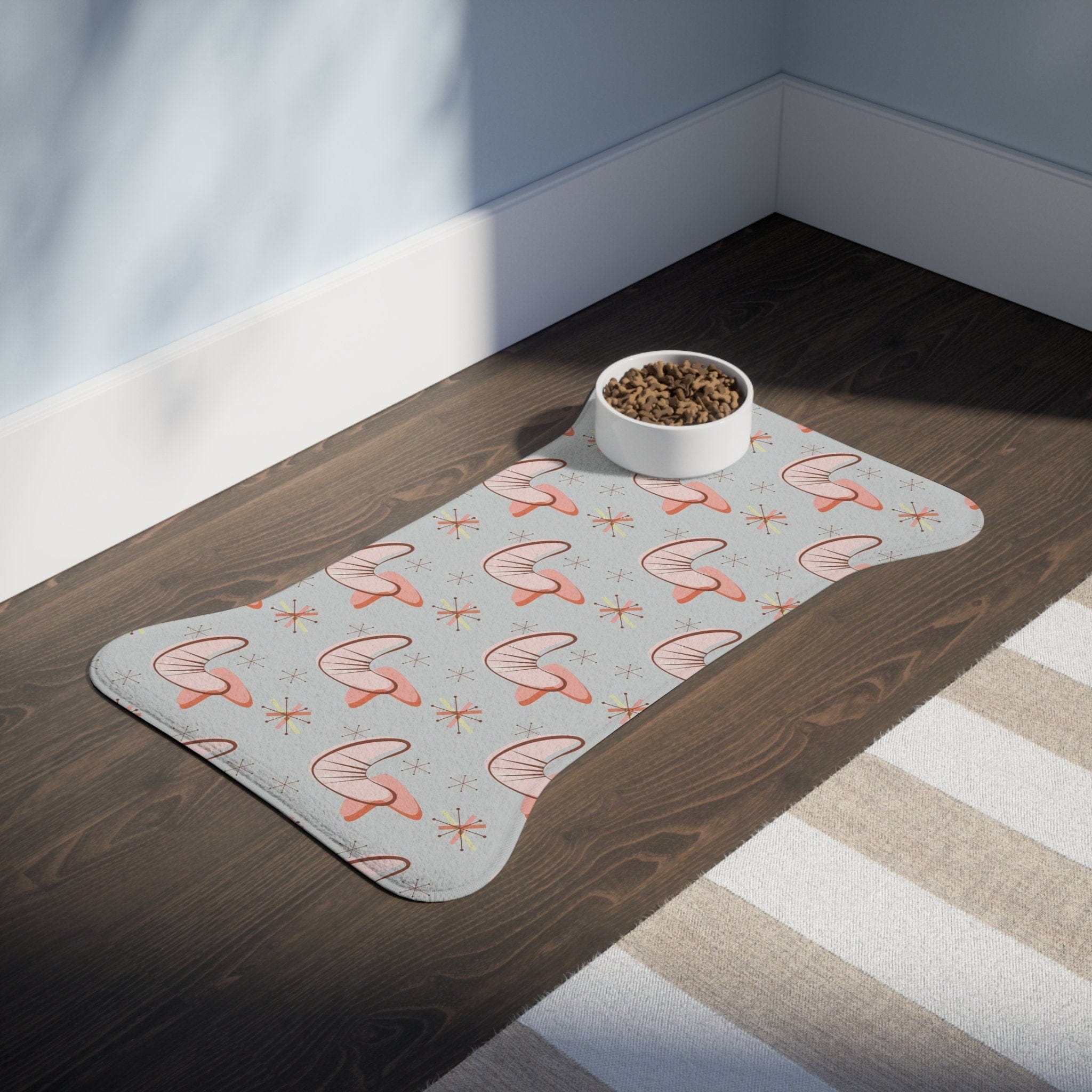 Kate McEnroe New York Retro Mid Mod Boomerang Starburst Pet Feeding Mat, Bone and Fish Shape Cat, Dog Non - Slip, Highly Absorbent Pad, Pet Lovers Gift - 127781923Pet Feeding Mats31917155412852758272