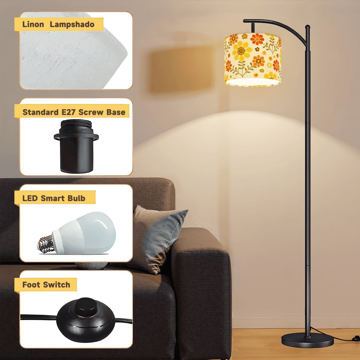 Kate McEnroe New York Retro Mod Floral Arc Floor Lamp, Mid Century Modern 70s Lighting AccentArc Floor LampsAzdJiKE694