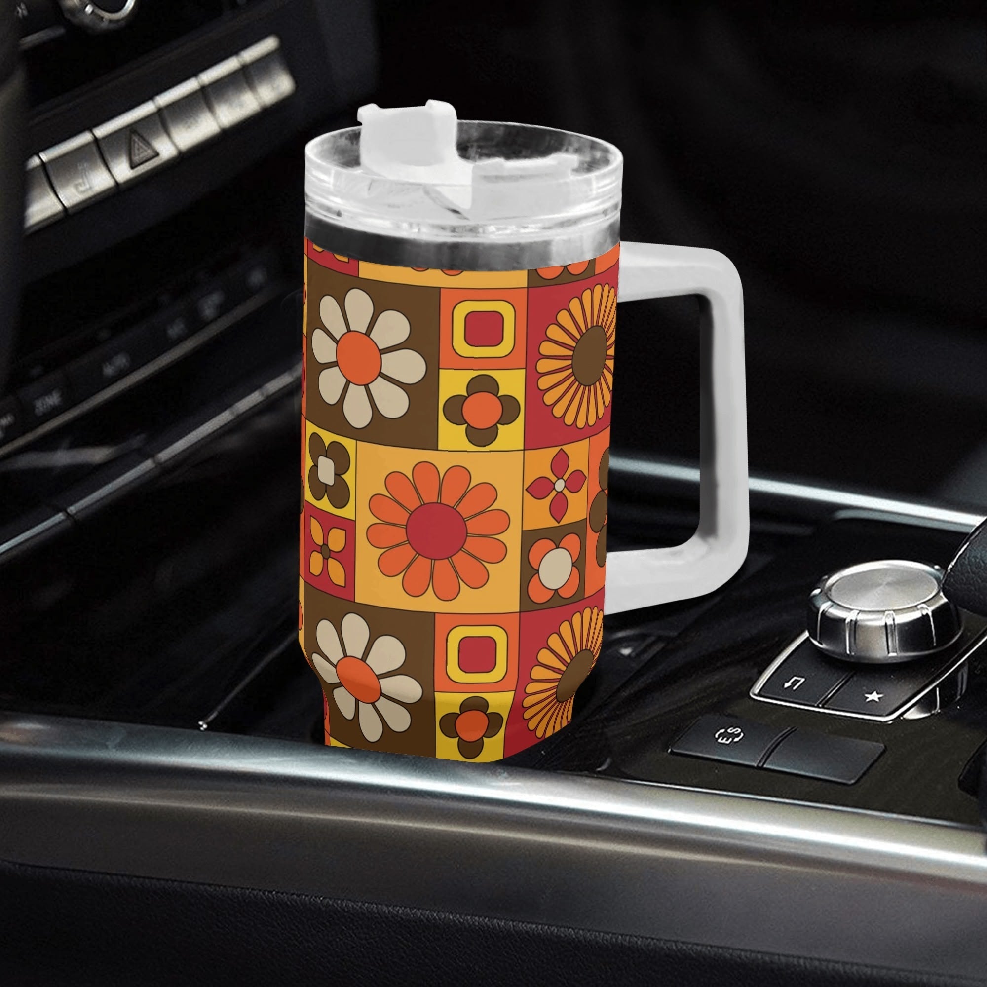 Kate McEnroe New York Retro Mod Flower Power Tumbler, Mid Century Modern 70s Drinkware, Groovy Orange Yellow Travel CupTumblersN9RX4O0W - 1