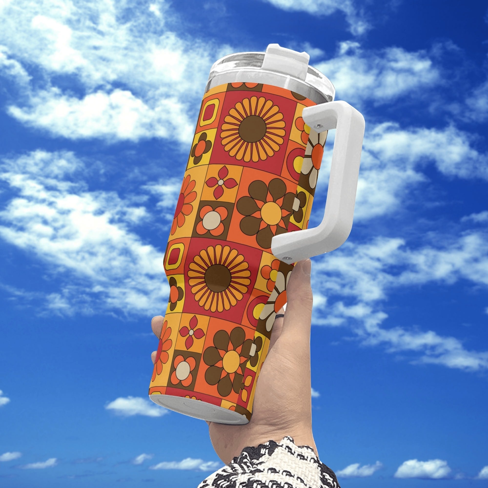 Kate McEnroe New York Retro Mod Flower Power Tumbler, Mid Century Modern 70s Drinkware, Groovy Orange Yellow Travel CupTumblersN9RX4O0W - 1