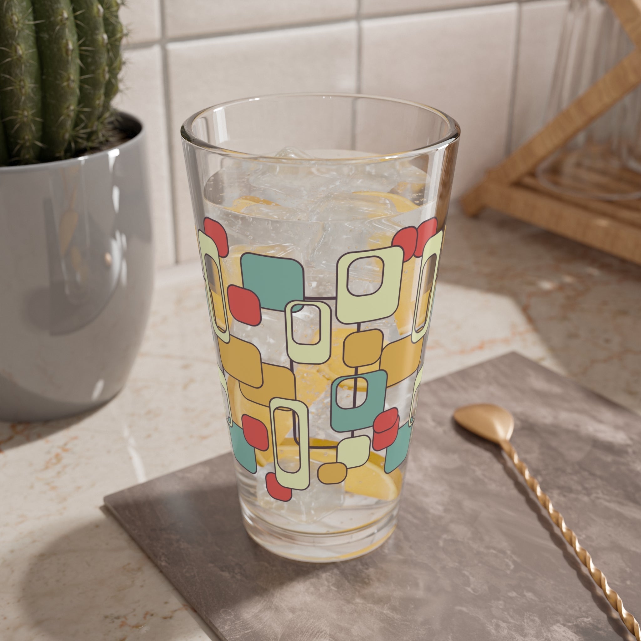 Kate McEnroe New York Retro Mod Geometric Pint Glass, Mid Century Modern Barware, 60s Color Block Cocktail GlassPint Glasses54432341722815542092