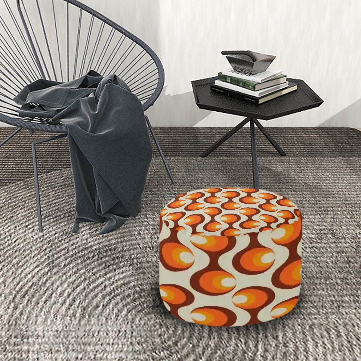 Kate McEnroe New York Retro Mod Orange Orb Ottoman, 60s Style Boho Chic Pouf, Mid Century Modern MCM Living Room Decor, Vintage Geometric Pattern FootstoolOttomansSDWAuGvzaE