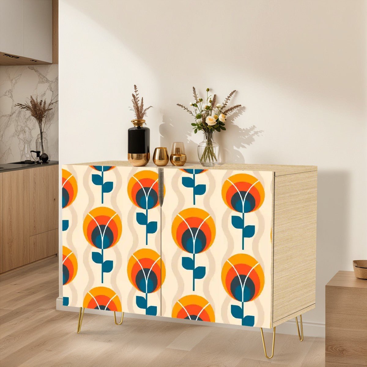 Kate McEnroe New York Retro Mod Scandinavian Floral Cabinet, Mid Century Modern Storage CredenzaStorage CabinetsW7NAZRzJiL