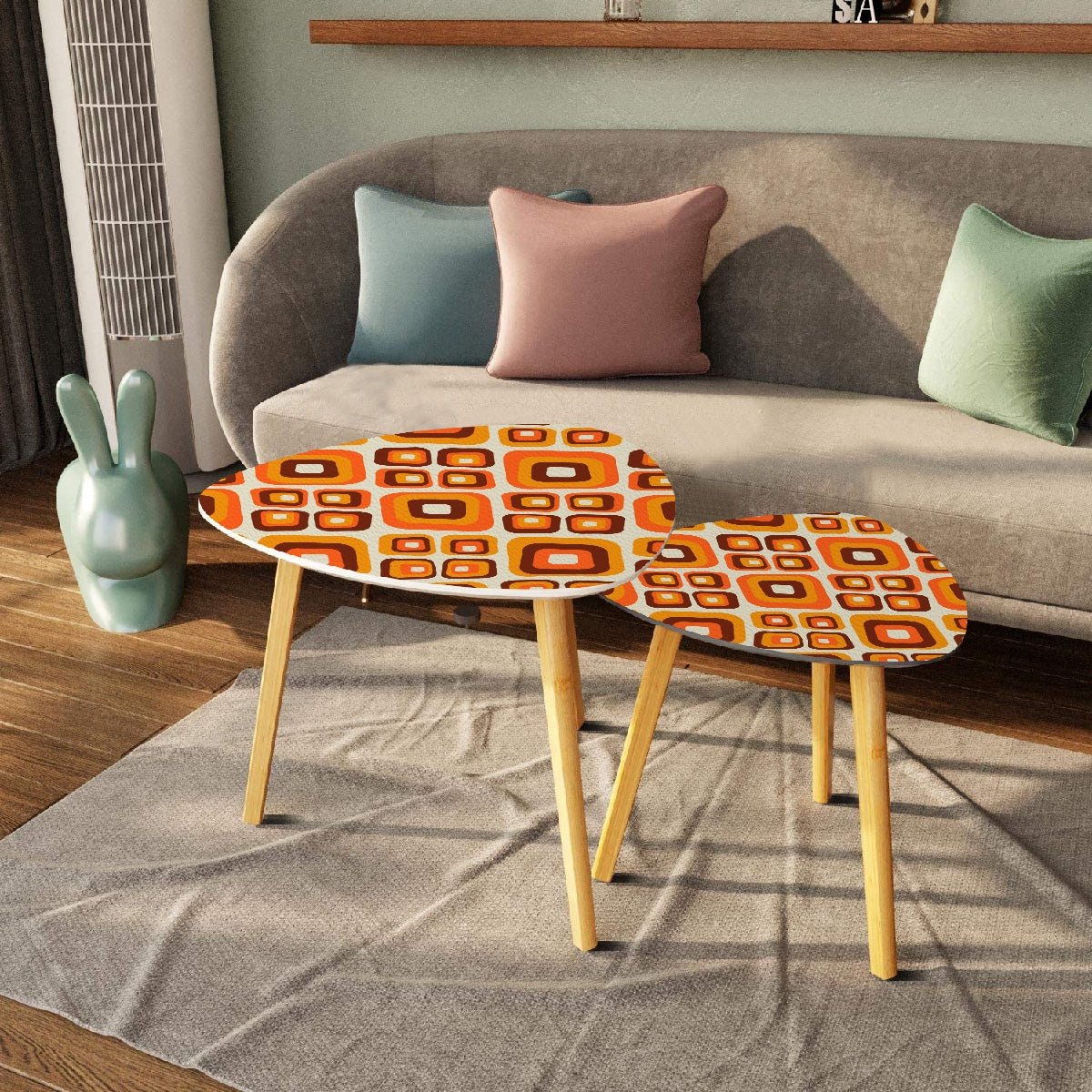 Kate McEnroe New York Retro Orange Brown Geometric Nesting Tables, Mid Century Modern Coffee Tables, 60s 70s Vintage Accent FurnitureNesting TablesNn75Rll07h
