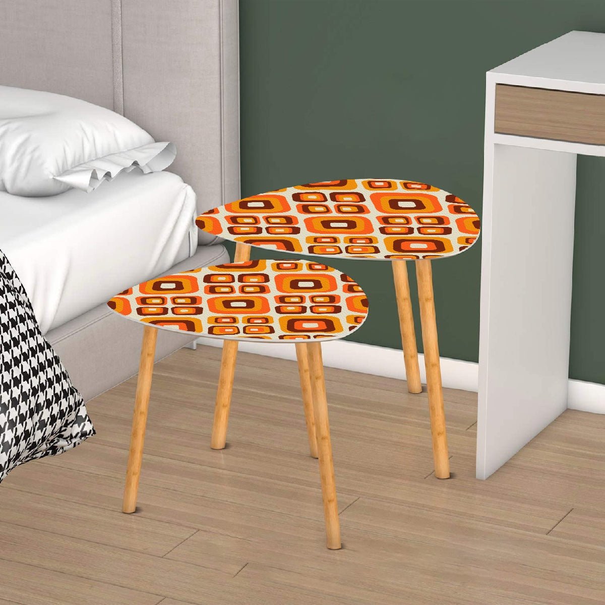 Kate McEnroe New York Retro Orange Brown Geometric Nesting Tables, Mid Century Modern Coffee Tables, 60s 70s Vintage Accent FurnitureNesting TablesNn75Rll07h