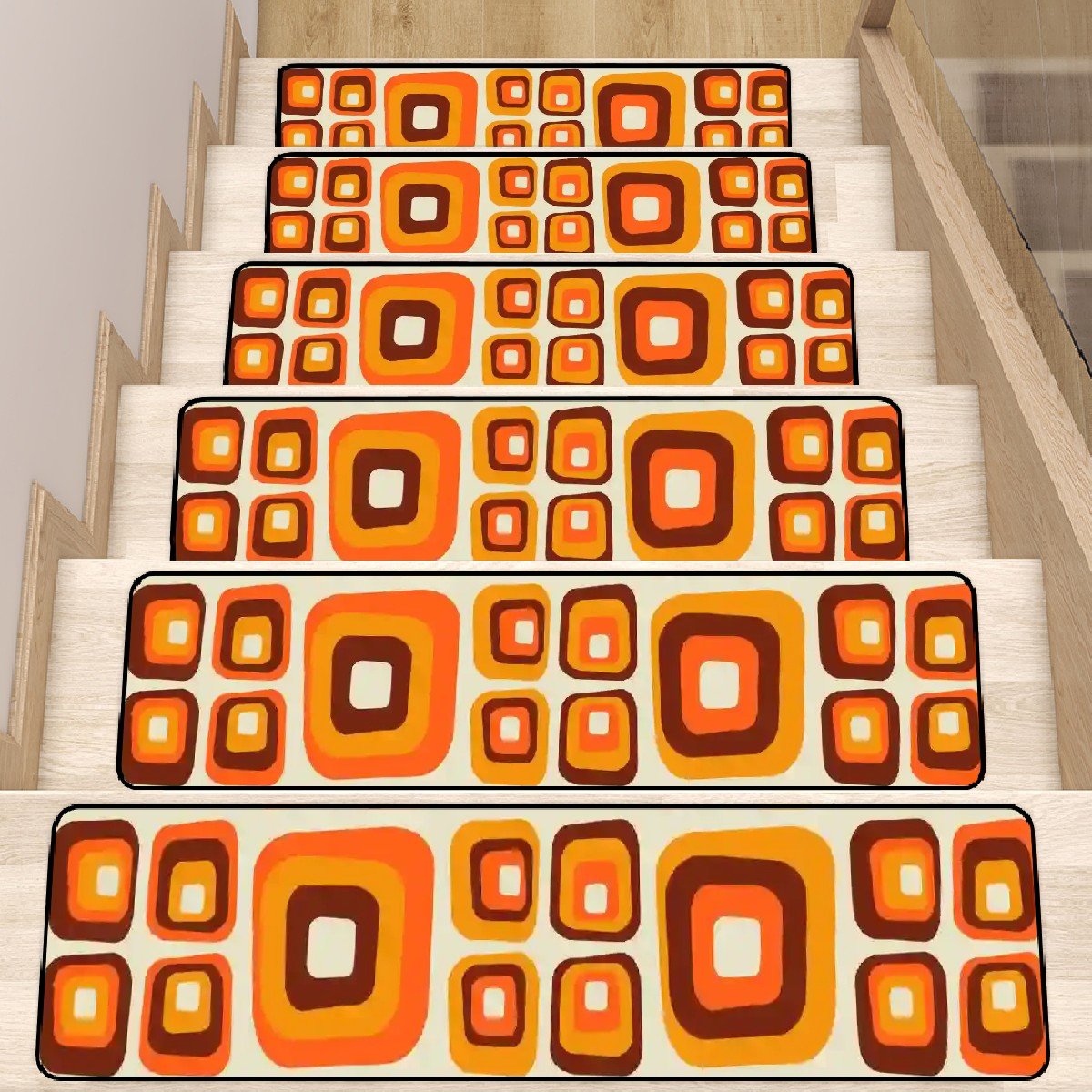 Kate McEnroe New York Retro Orange Brown Stair Threads, Mid Century Modern Geometric Step Rugs, Vintage DecorStair TreadsnaFSO2dZke