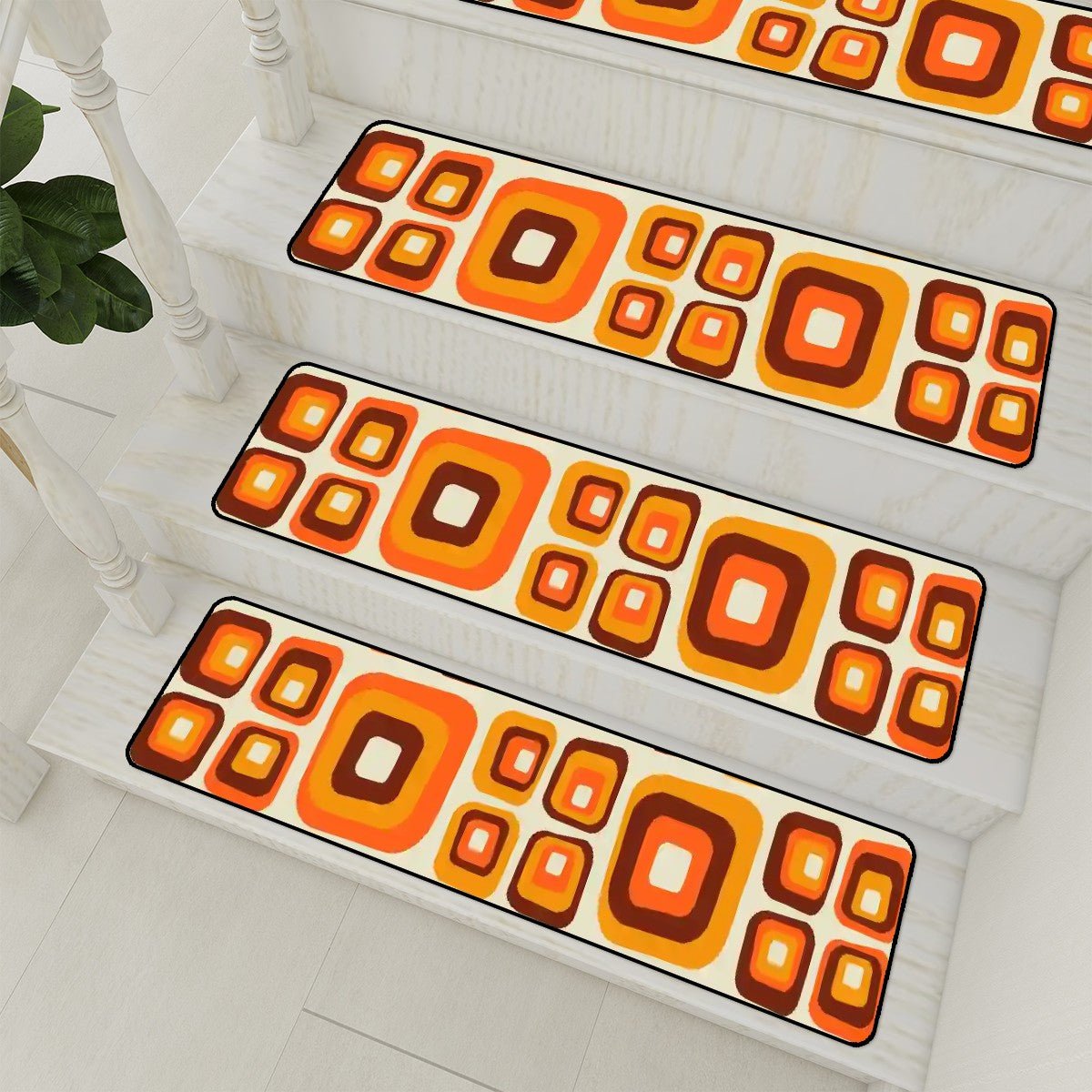 Kate McEnroe New York Retro Orange Brown Stair Threads, Mid Century Modern Geometric Step Rugs, Vintage DecorStair TreadsnaFSO2dZke