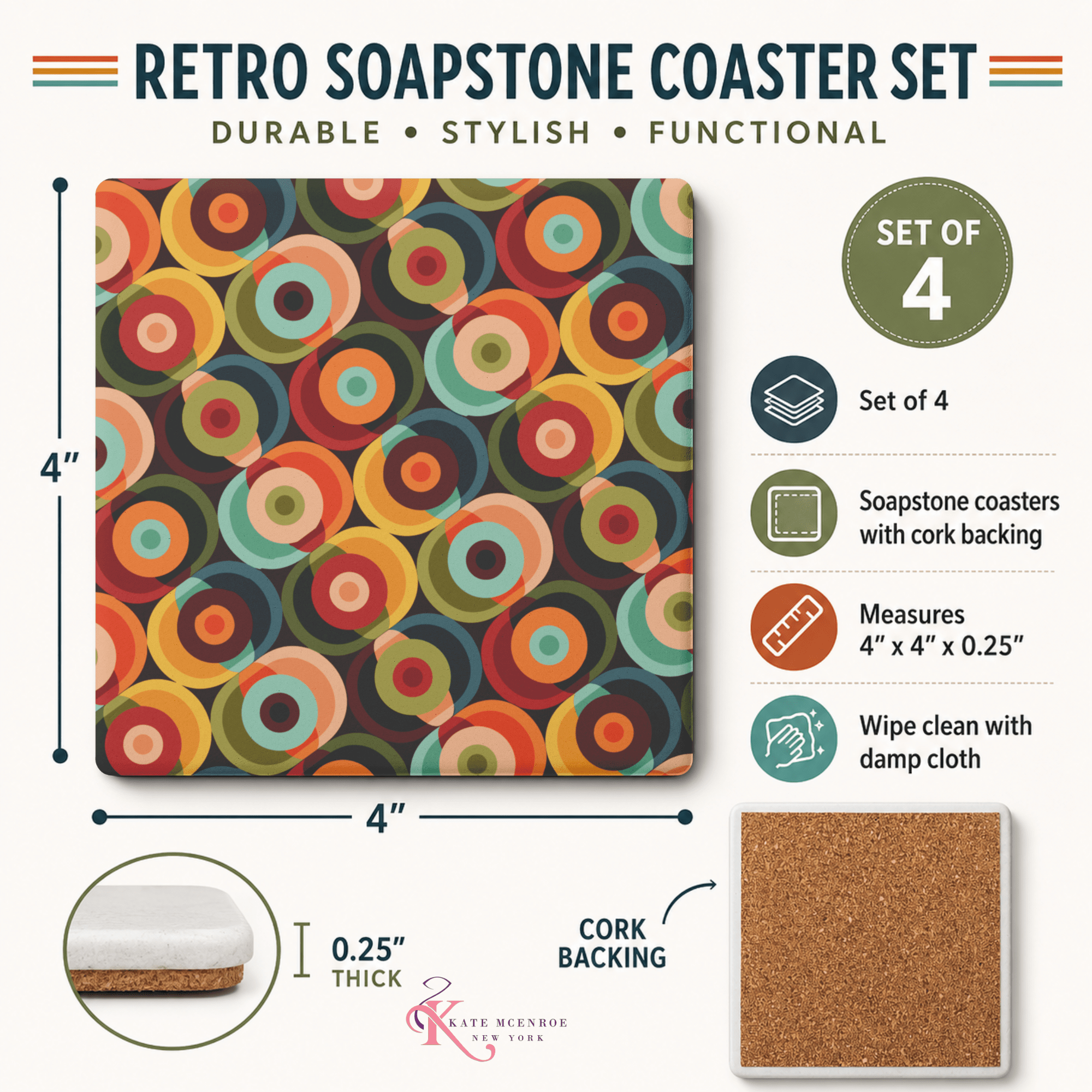 Kate McEnroe New York Retro Orbs 70s Soapstone Coaster, Mid Century Modern BarwareCoasters7021