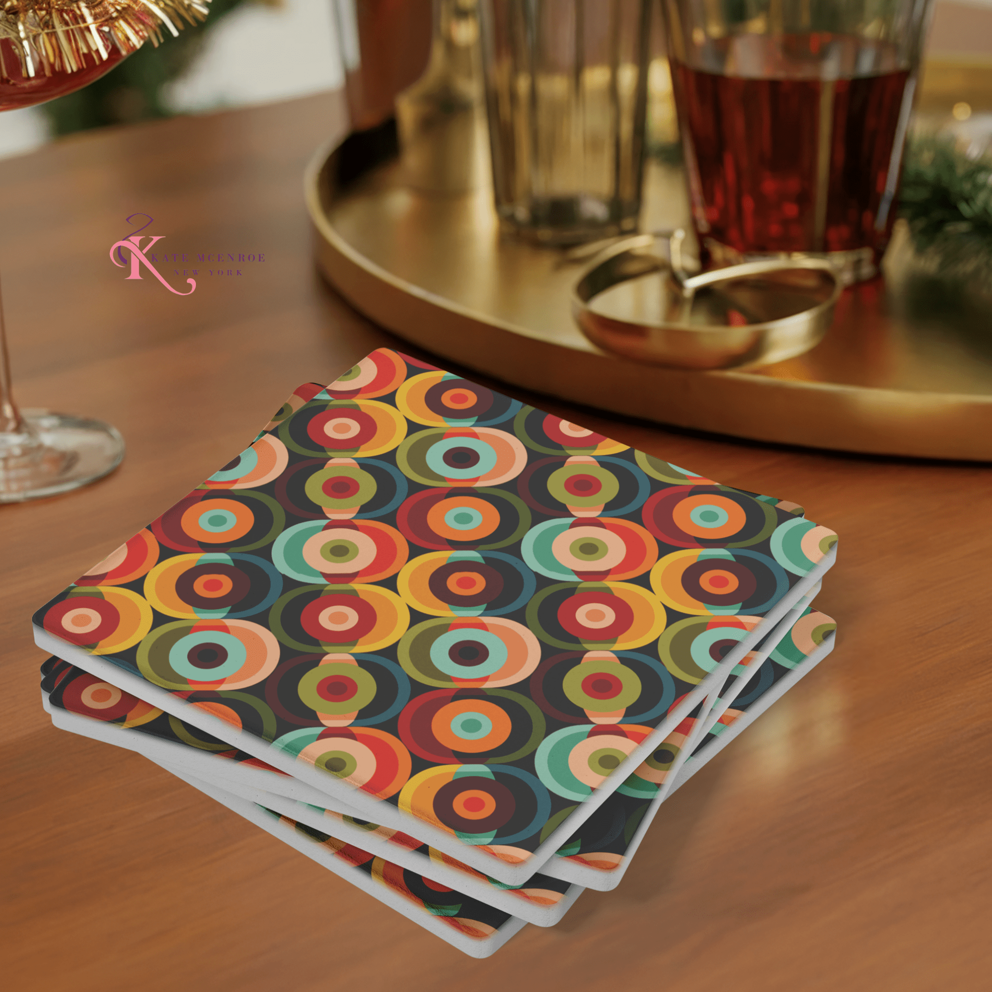 Kate McEnroe New York Retro Orbs 70s Soapstone Coaster, Mid Century Modern BarwareCoasters7021