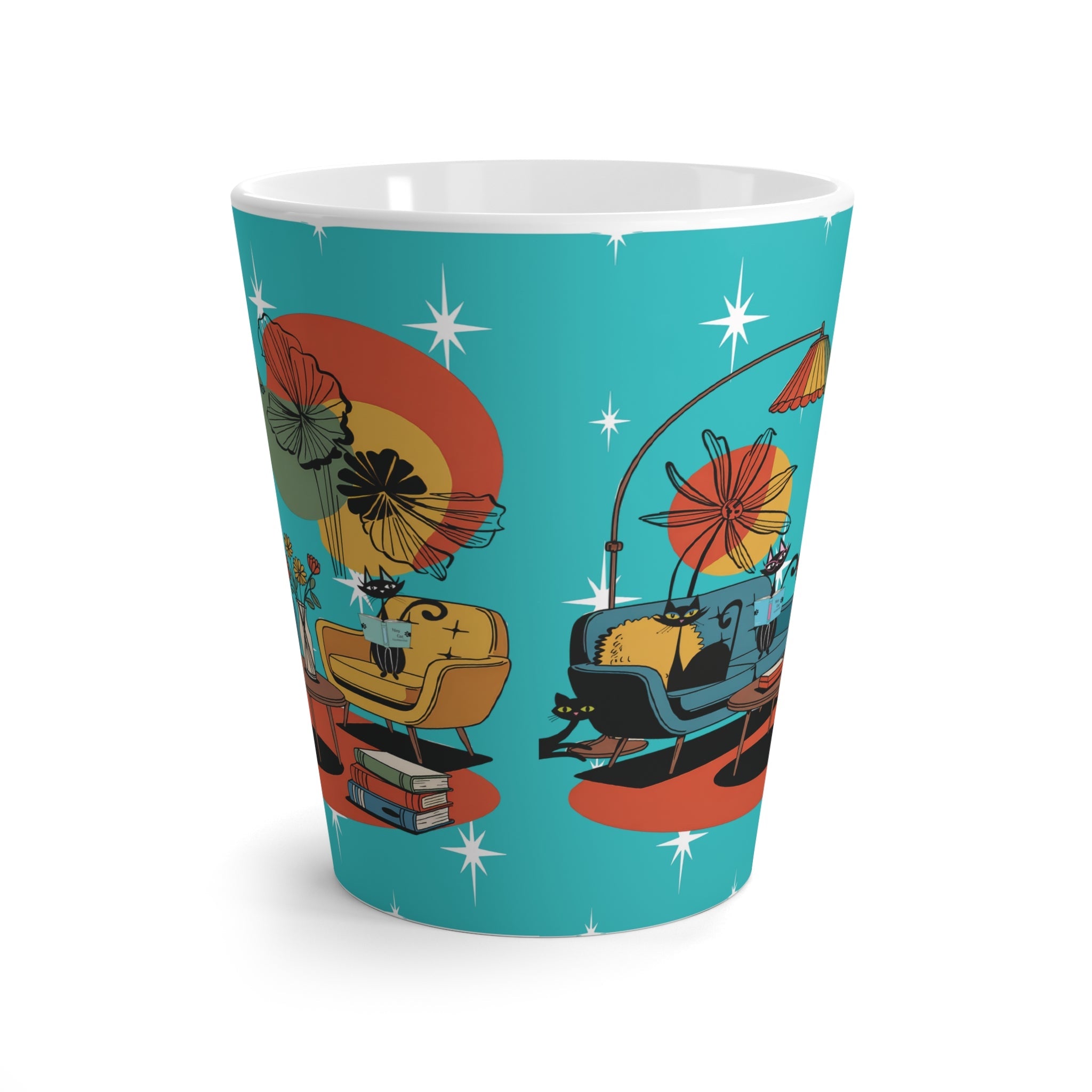 Kate McEnroe New York Retro Reading Lounge Atomic Cat Mug, Mid Century Modern Latte Cup, MCM Bookish Starburst Coffee GiftMugs31764972596378525913