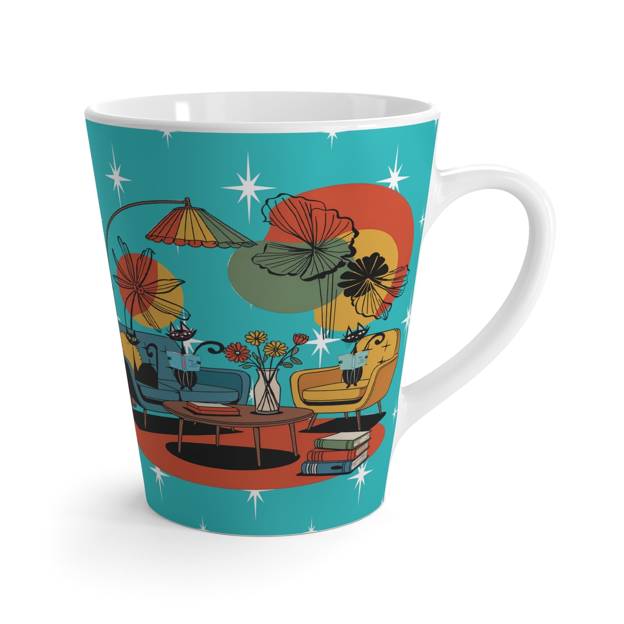 Kate McEnroe New York Retro Reading Lounge Atomic Cat Mug, Mid Century Modern Latte Cup, MCM Bookish Starburst Coffee GiftMugs31764972596378525913