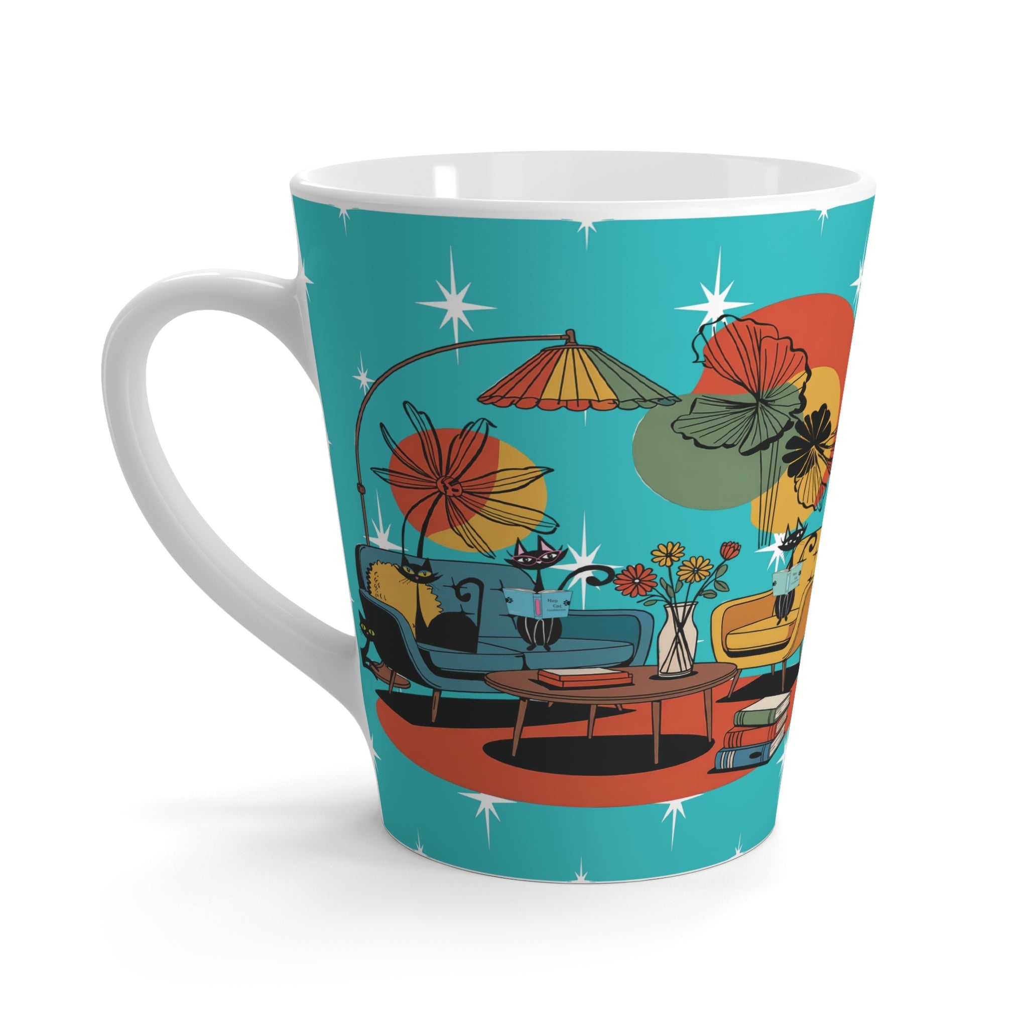 Kate McEnroe New York Retro Reading Lounge Atomic Cat Mug, Mid Century Modern Latte Cup, MCM Bookish Starburst Coffee GiftMugs31764972596378525913