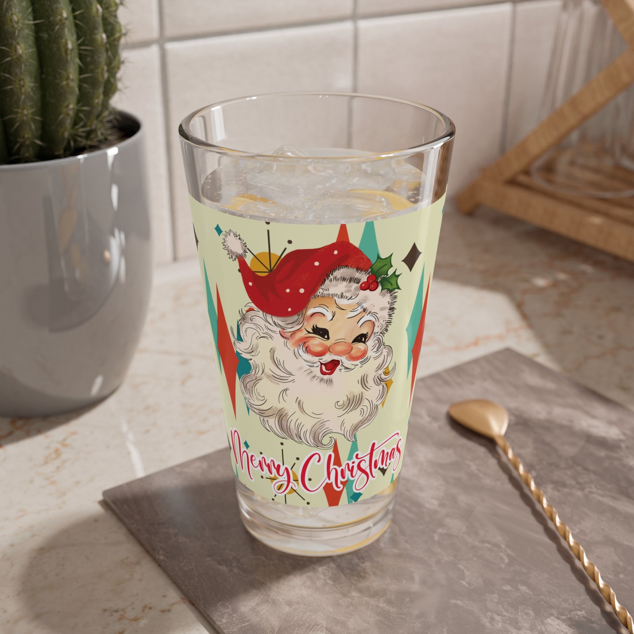 Kate McEnroe New York Retro Santa Pint Glass, Mid - Century Modern Holiday Barware, Vintage Christmas DrinkwarePint Glasses57931423760920567064