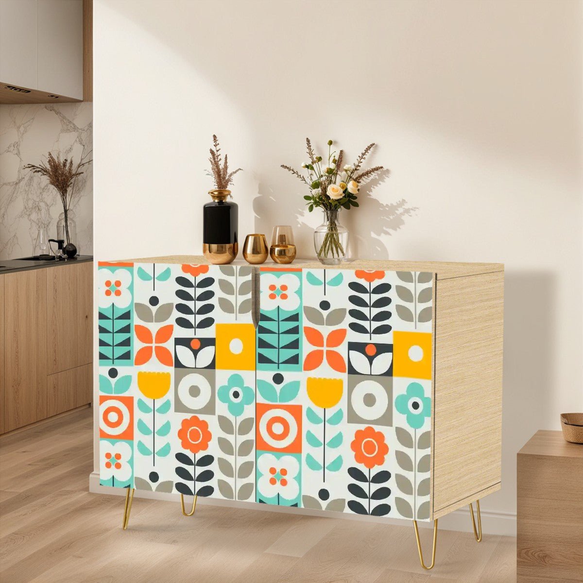 Kate McEnroe New York Retro Scandinavian Credenza, Mid Century Modern Geometric Floral Sideboard, 60s Mod Buffet CabinetStorage Cabinetsg4HvfQbmrq
