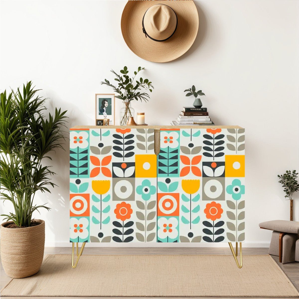 Kate McEnroe New York Retro Scandinavian Credenza, Mid Century Modern Geometric Floral Sideboard, 60s Mod Buffet CabinetStorage Cabinetsg4HvfQbmrq