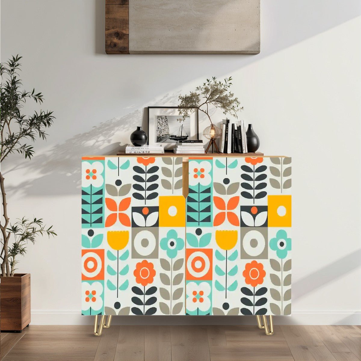Kate McEnroe New York Retro Scandinavian Credenza, Mid Century Modern Geometric Floral Sideboard, 60s Mod Buffet CabinetStorage Cabinetsg4HvfQbmrq