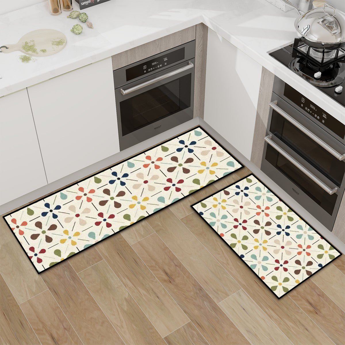 Kate McEnroe New York Retro Scandinavian Danish Modern Flower Mat Set, Mid Century Modern Kitchen Bath RugsKitchen Floor MatsigaBeyVx2o