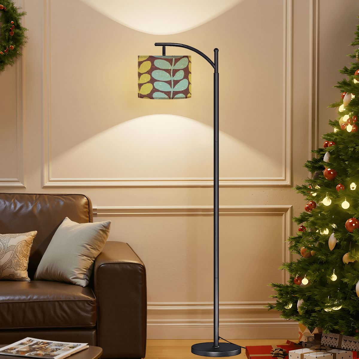 Kate McEnroe New York Retro Scandinavian Floral Arc Floor Lamp, Mid Century Modern Yellow Blue Leaf Accent LightFloor LampsDALiToYzgG