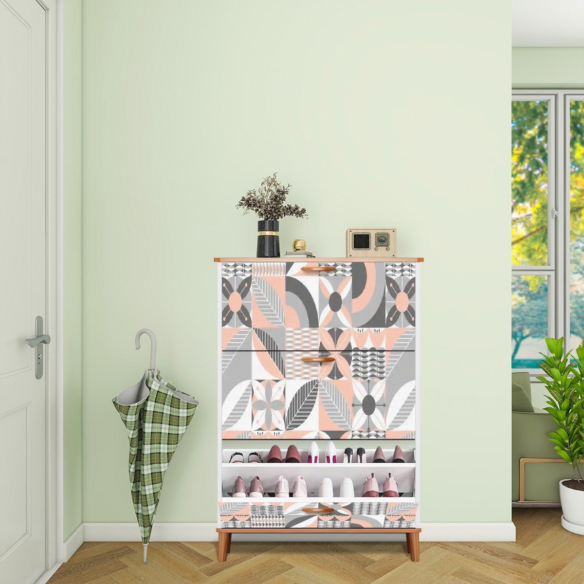 Kate McEnroe New York Retro Scandinavian Floral Shoe Cabinet, Mid Century Modern Storage Furniture, Danish Modern AccentShoe StorageDLOpPELCRV