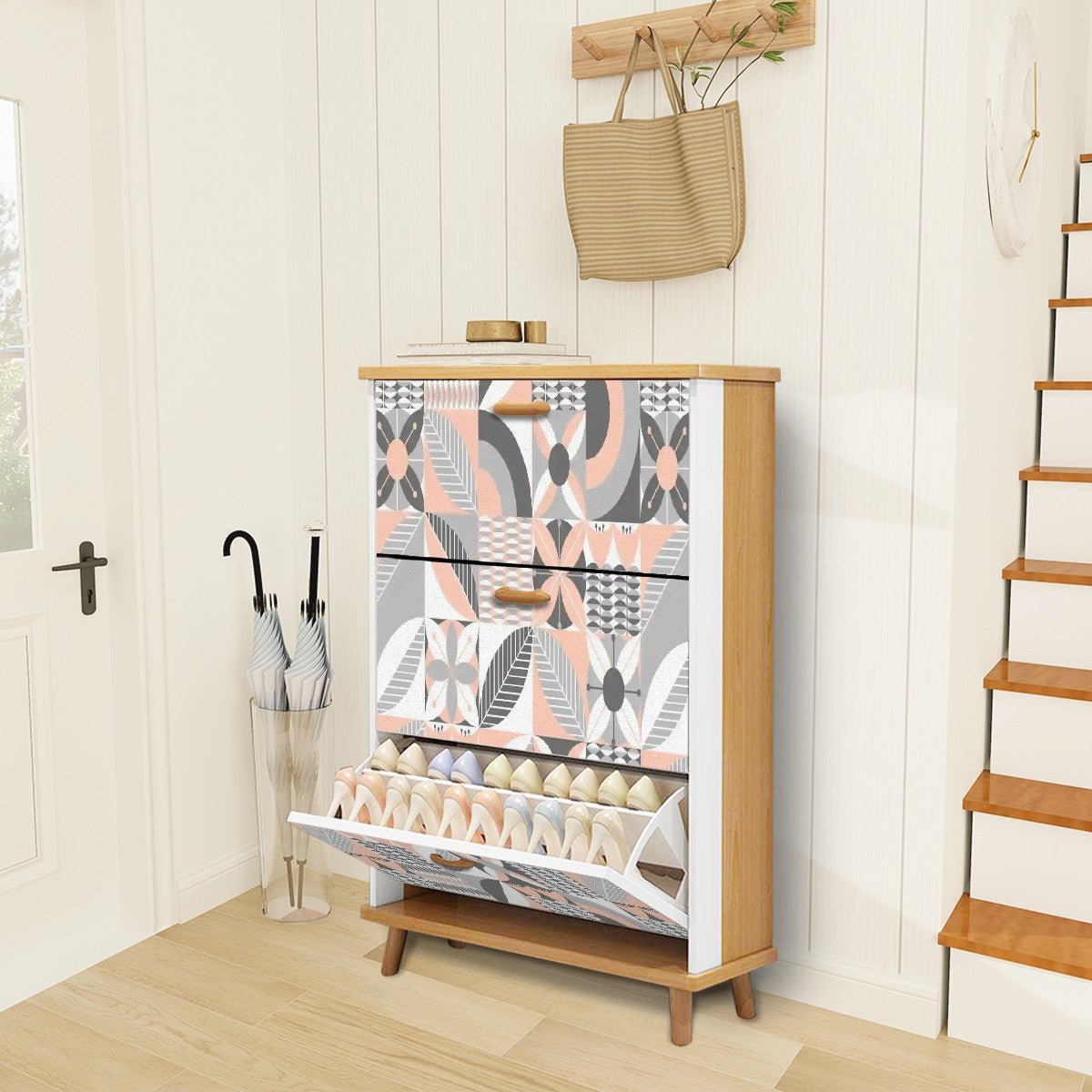 Kate McEnroe New York Retro Scandinavian Floral Shoe Cabinet, Mid Century Modern Storage Furniture, Danish Modern AccentShoe StorageDLOpPELCRV