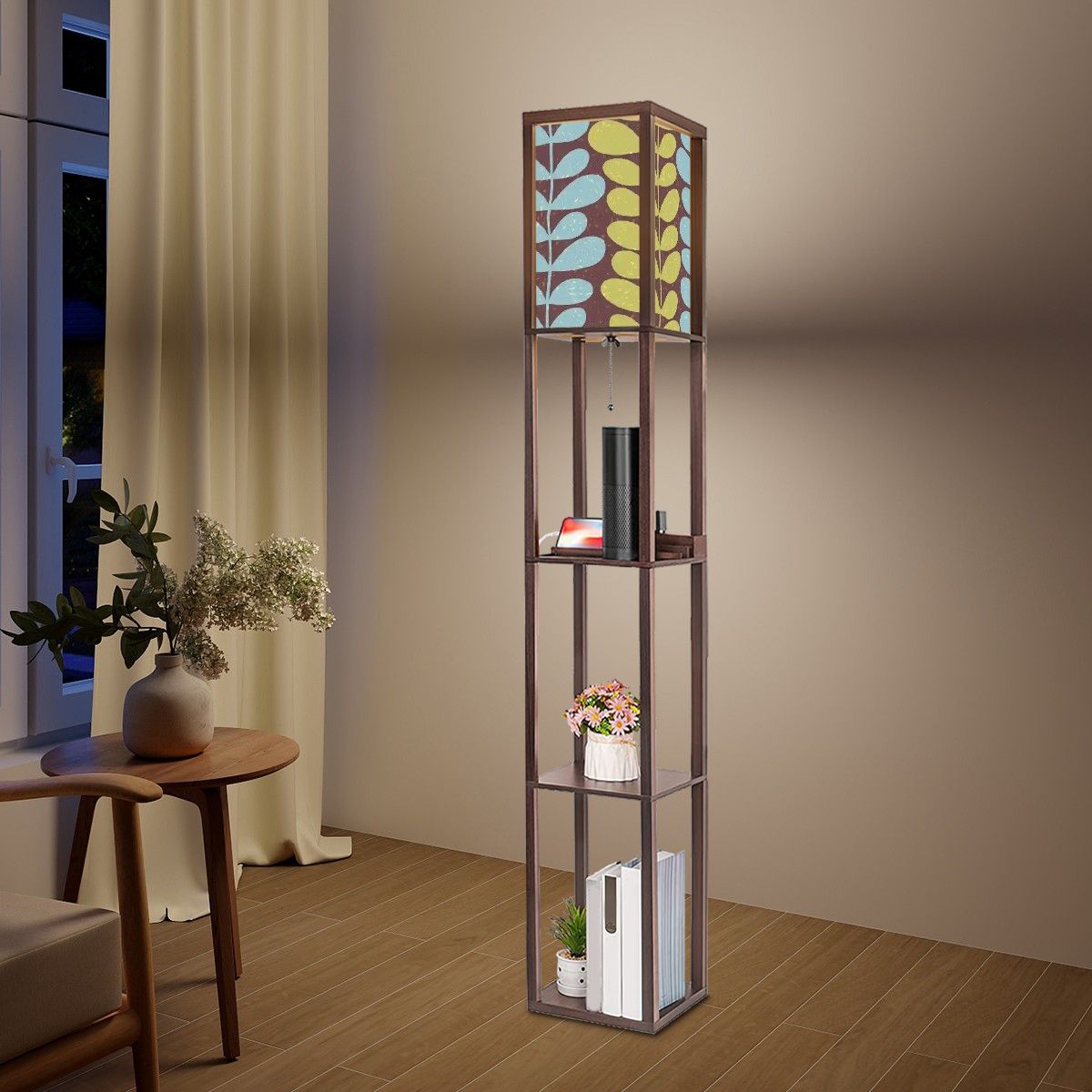 Kate McEnroe New York Retro Scandinavian Hygge Floral Floor Lamp With Shelves, Mid Century Modern Danish Modern LightingShelf LightingaqQc0YLzpl