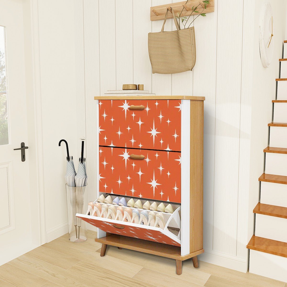 Kate McEnroe New York Retro Starburst Shoe Cabinet, Mid Century Modern Storage Tower, MCM 3 - Tier OrganizerShoe StorageMmRUe35Lzm